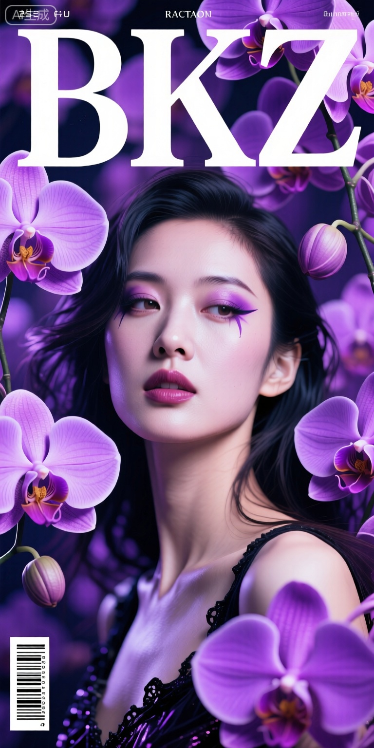创建电影海报风格的CG图像,满屏幕的紫色兰花渲染背景,中央是一个亚裔美女的绝色面孔,采用浓厚靓丽且时尚风格的妆容,带有哥特式美感。使用写实风格,确保高分辨率和清晰度,营造梦幻氛围。采用特写镜头,强调面部细节,尤其是肌肤的细腻冷白皮,以及灵动的发丝。色彩搭配合理,以艳丽色彩为主,保持高噪点和高爆效果,使画面显得模糊、朦胧,但面部依然清晰聚焦。整体色调以紫色为主,营造梦幻而神秘的氛围。

海报大号字体“BKZ”置于画面中央偏上位置。左下角放置竖排条形码,增强专业感。整体风格兼具写实与梦幻,强调美感与细节,展现出独特的艺术魅力。