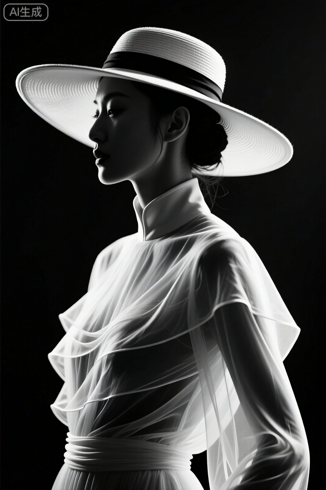 主体为女性艺术剪影,面部呈流畅侧影,头戴超大宽檐帽,帽檐呈弧形向右侧舒展,帽身有黑色细带装饰,发丝被帽子规整收束。身着结构感服饰,领口为立领设计,衣身由多层半透明、如薄纱般的材质层叠构成,线条呈现出丝绸般的垂坠与褶皱感,右臂自然垂落,身体姿态优雅侧转。环境背景为纯黑无细节的极简空间,无多余元素干扰。光线为冷光轮廓光,从左侧45°方向照射,光线锐利,清晰勾勒出人物与服饰的边缘线条,形成强烈的黑白对比。渲染风格为极简抽象,整体氛围优雅神秘。色彩基调为纯黑白,无其他色彩干扰,线条边缘过渡清晰。构图采用中心构图,主体占据画面3/4,四周留窄边黑色空间。拍摄角度为平视,中景呈现,聚焦人物整体造型。滤镜为黑白高对比度滤镜,提升20%对比度,让黑白边界更锐利。摄影参数：索尼Alpha 1,索尼FE 24-70mm F2.8 GM镜头（焦段设为50mm）,快门速度1/125s,光圈f/8,ISO 100。