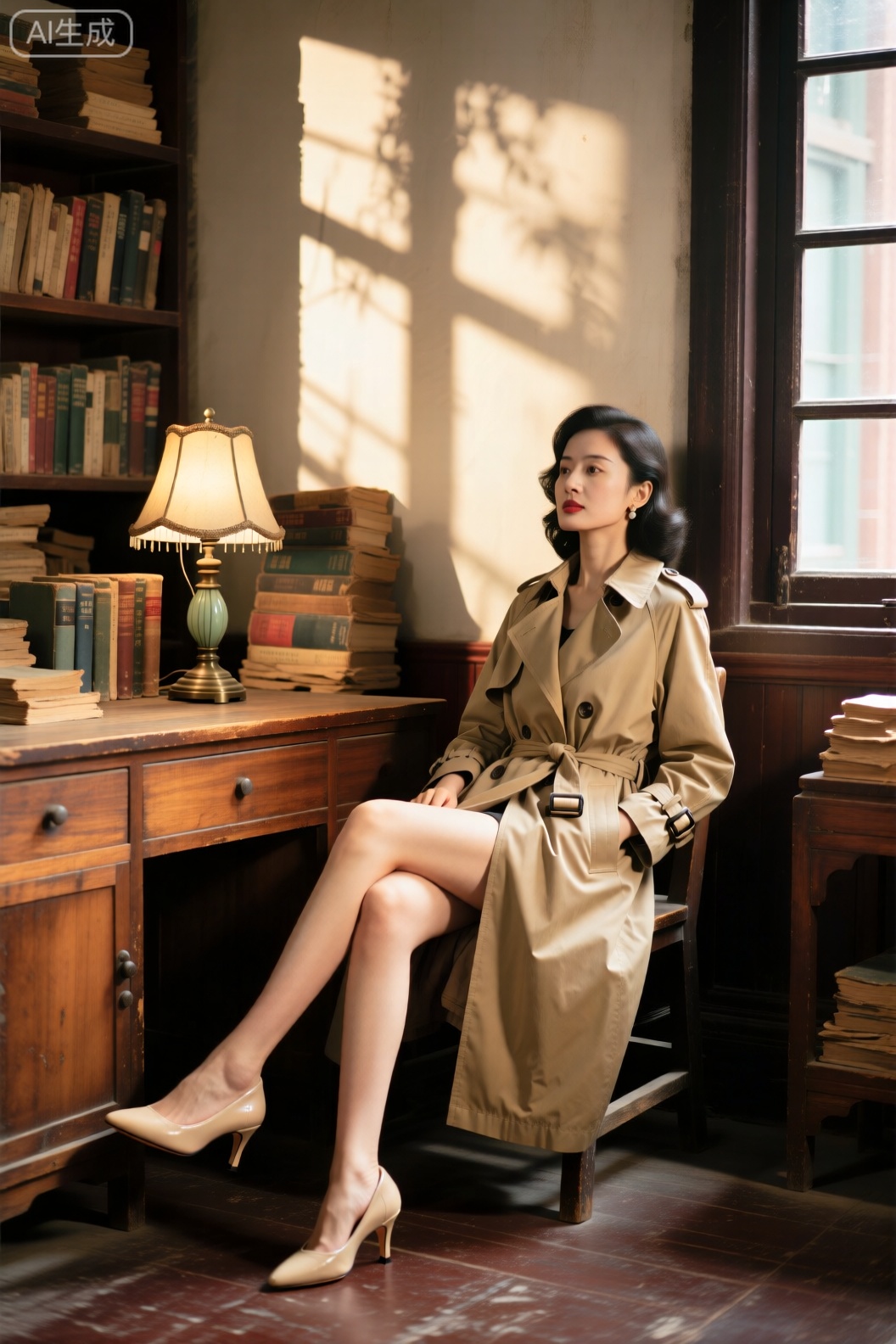 一位女性穿着卡其色风衣,搭配米色高跟鞋,闲适地交叠双腿坐在室内。环境是摆满旧书、复古台灯的民国风书房,木质家具泛着温润光泽。光线是窗外斜射进来的午后阳光,在墙面投下斑驳光影,渲染出怀旧静谧的氛围。色彩以暖木色与卡其色为主,带着淡淡的复古做旧感。采用三分法构图,从稍侧的角度拍摄。使用民国风滤镜,通过哈苏907X 50C相机搭配XCD 45mm f/3.5镜头,快门速度1/100s,光圈f/2.8,焦段45mm。,Tall and slim
