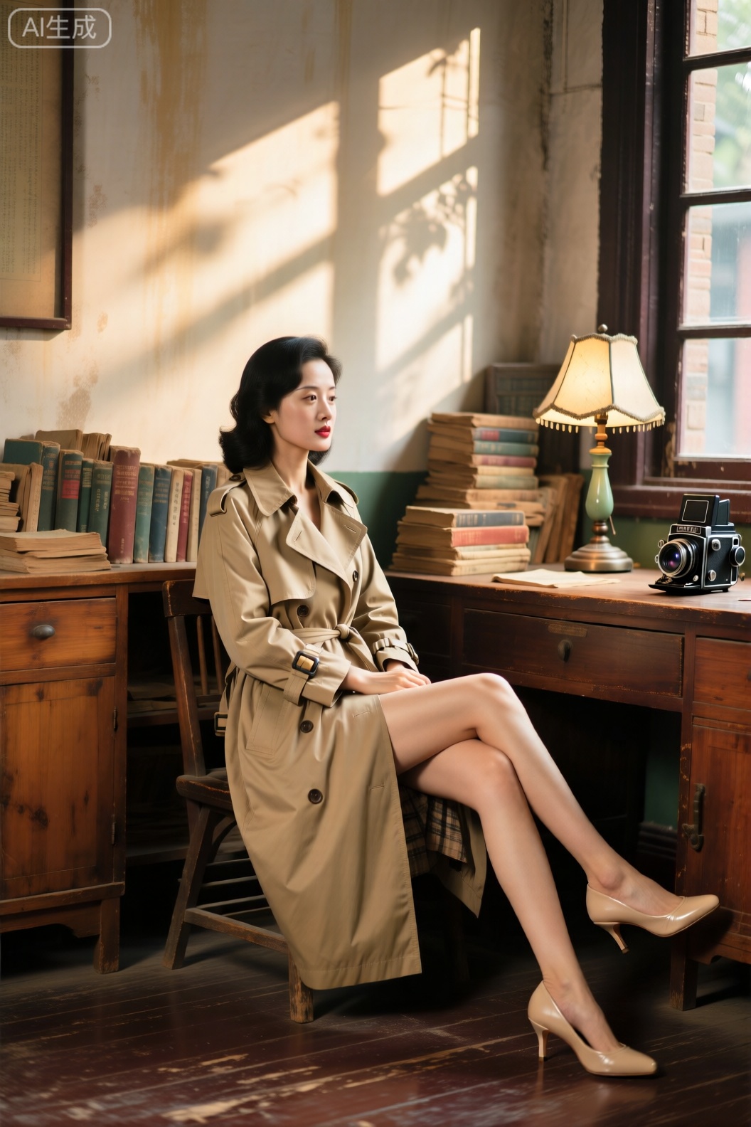 一位女性穿着卡其色风衣,搭配米色高跟鞋,闲适地交叠双腿坐在室内。环境是摆满旧书、复古台灯的民国风书房,木质家具泛着温润光泽。光线是窗外斜射进来的午后阳光,在墙面投下斑驳光影,渲染出怀旧静谧的氛围。色彩以暖木色与卡其色为主,带着淡淡的复古做旧感。采用三分法构图,从稍侧的角度拍摄。使用民国风滤镜,通过哈苏907X 50C相机搭配XCD 45mm f/3.5镜头,快门速度1/100s,光圈f/2.8,焦段45mm。,Tall and slim
