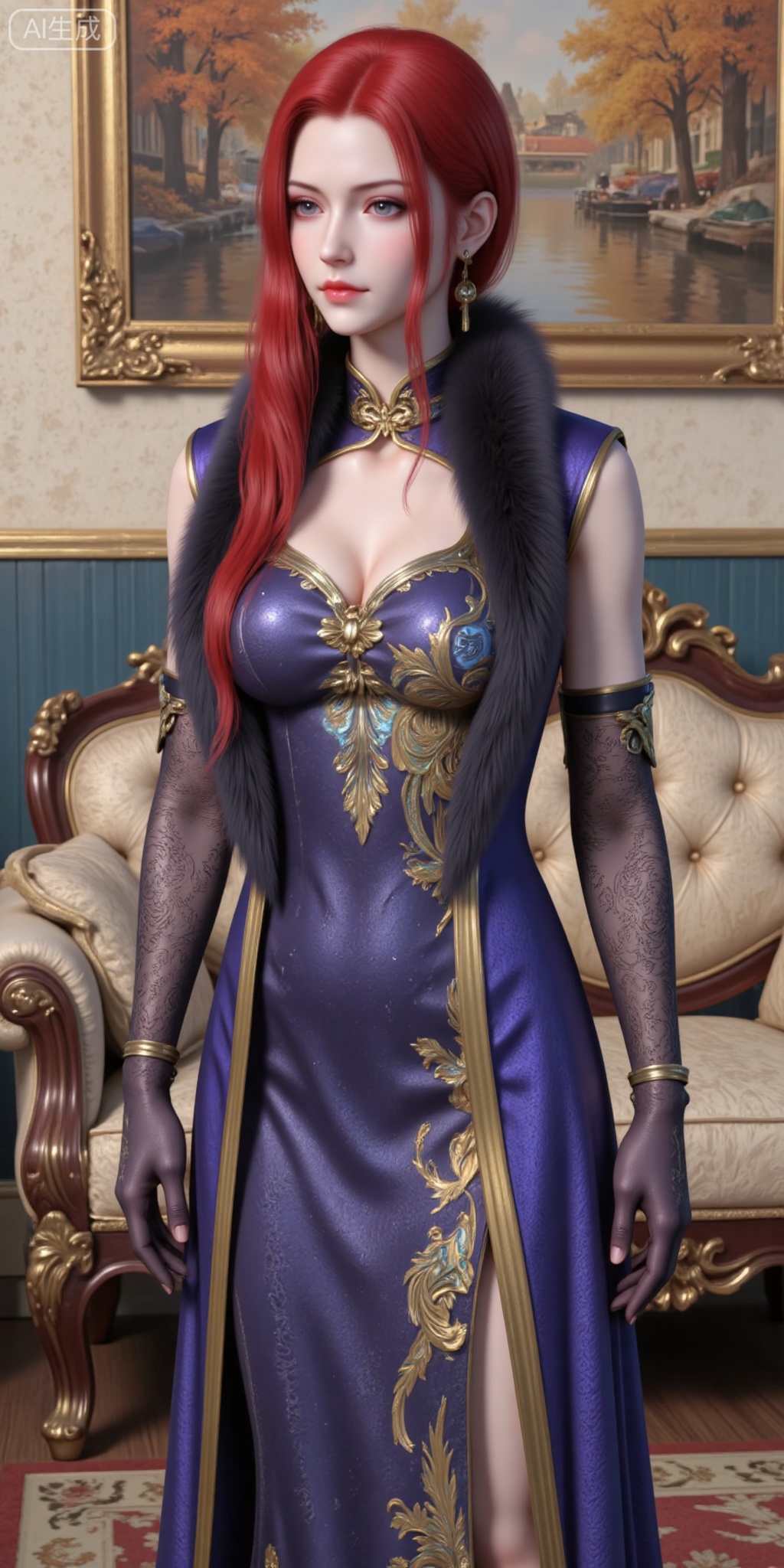 1girl, solo, long hair, breasts, gloves, dress, cleavage, jewelry, medium breasts, standing, red hair, earrings, elbow gloves, indoors, chinese clothes, couch, painting \(object\)