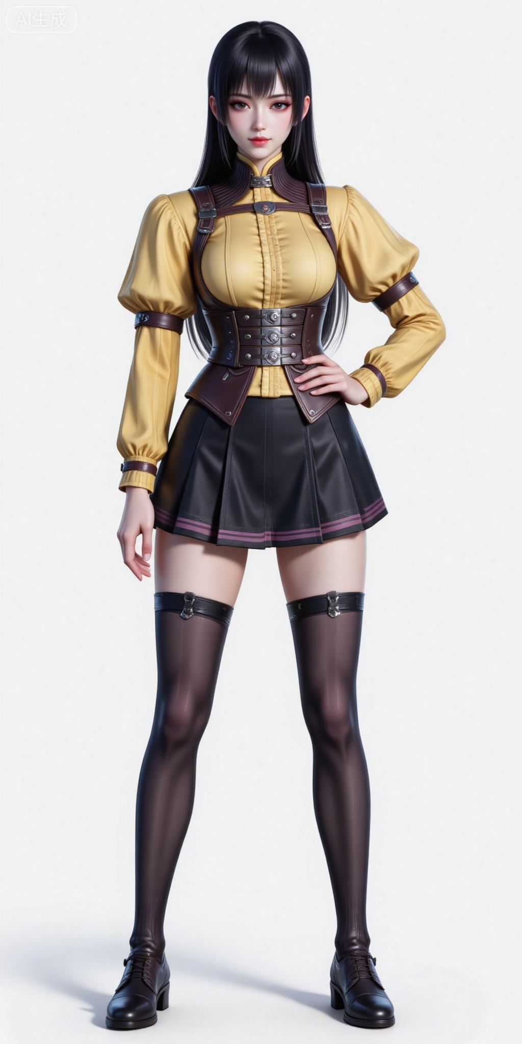 1girl, solo, long hair, looking at viewer, skirt, black hair, thighhighs, long sleeves, standing, full body, striped, puffy sleeves, black skirt, black footwear, zettai ryouiki, hand on hip, colored skin, corset, yellow shirt