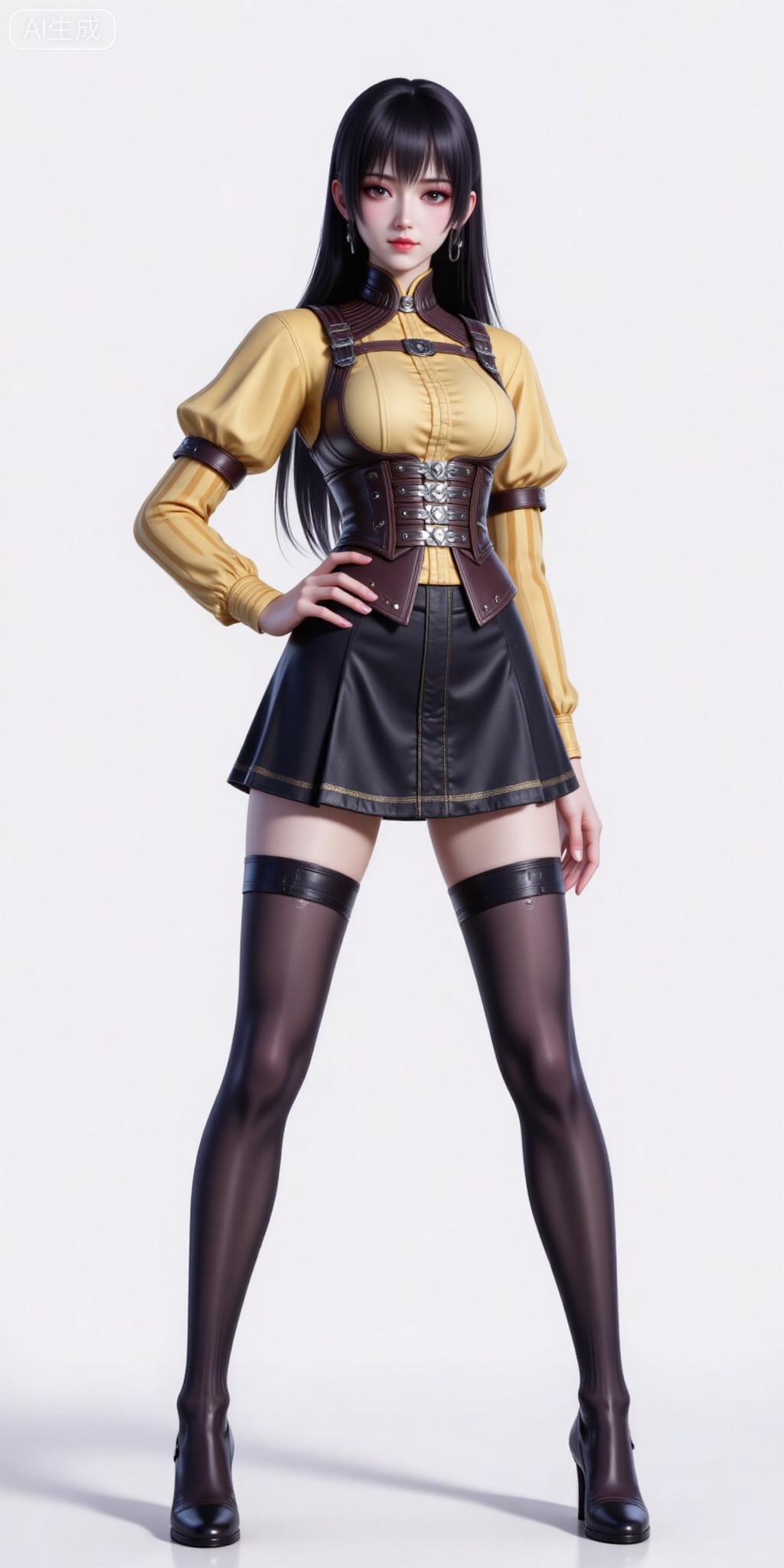 1girl, solo, long hair, looking at viewer, skirt, black hair, thighhighs, long sleeves, standing, full body, striped, puffy sleeves, black skirt, black footwear, zettai ryouiki, hand on hip, colored skin, corset, yellow shirt
