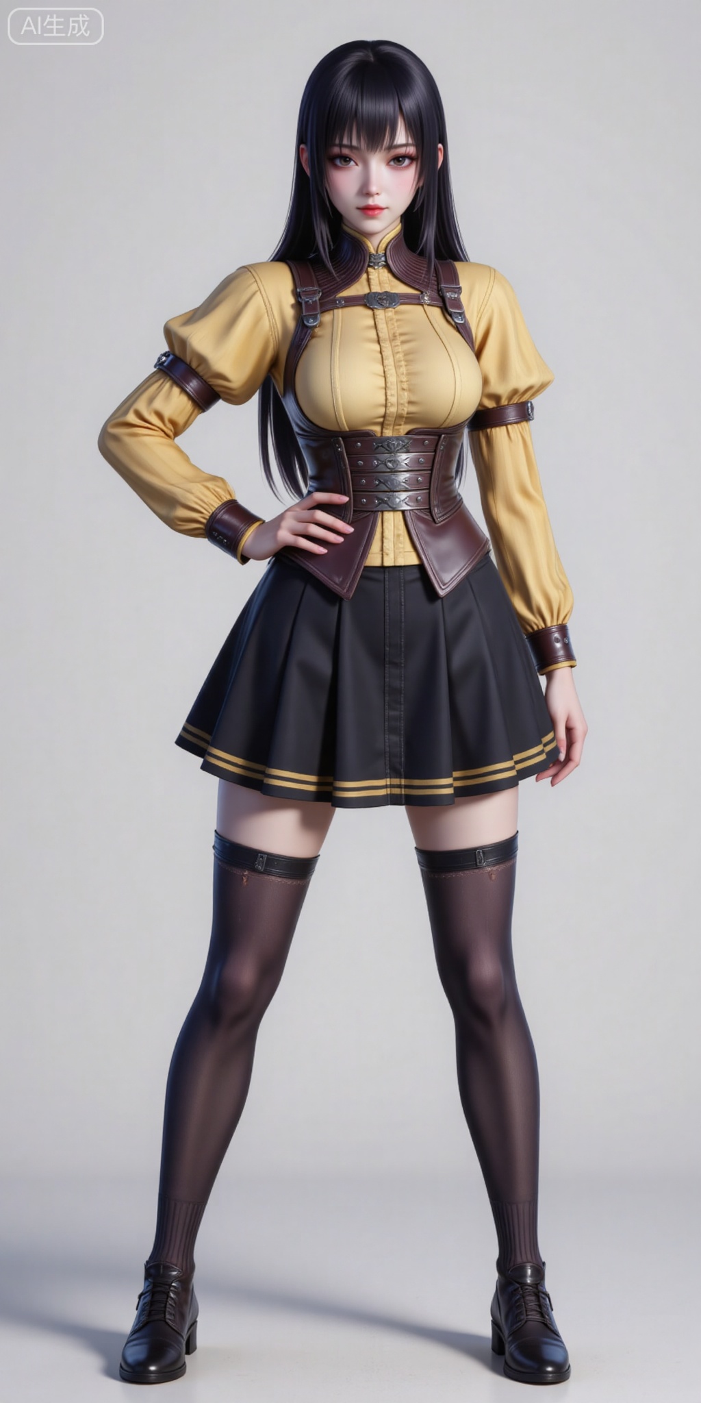 1girl, solo, long hair, looking at viewer, skirt, black hair, thighhighs, long sleeves, standing, full body, striped, puffy sleeves, black skirt, black footwear, zettai ryouiki, hand on hip, colored skin, corset, yellow shirt