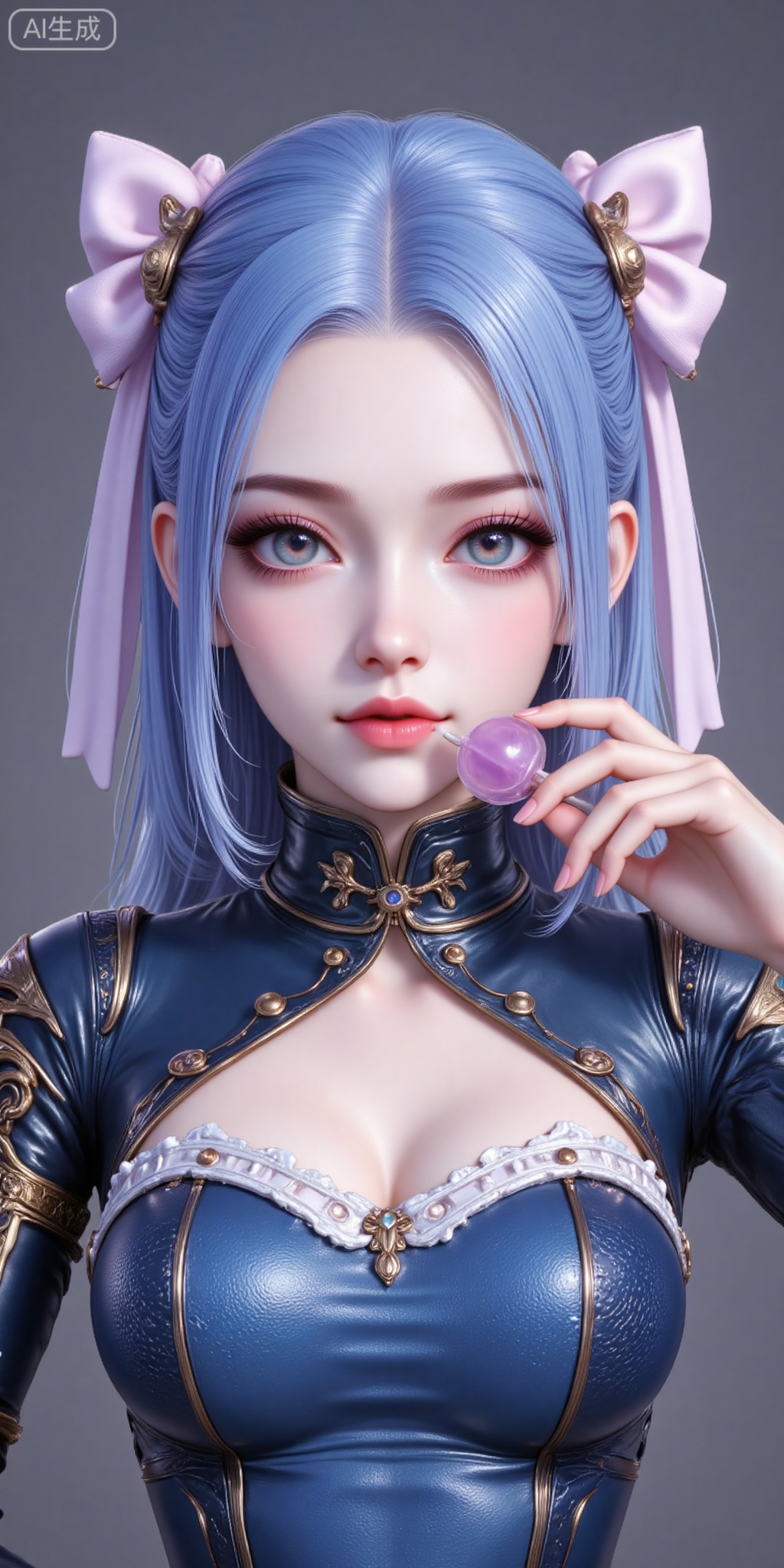 1girl, solo, breasts, bow, ribbon, blue hair, white hair, hair bow, food, lips, makeup, candy, lollipop