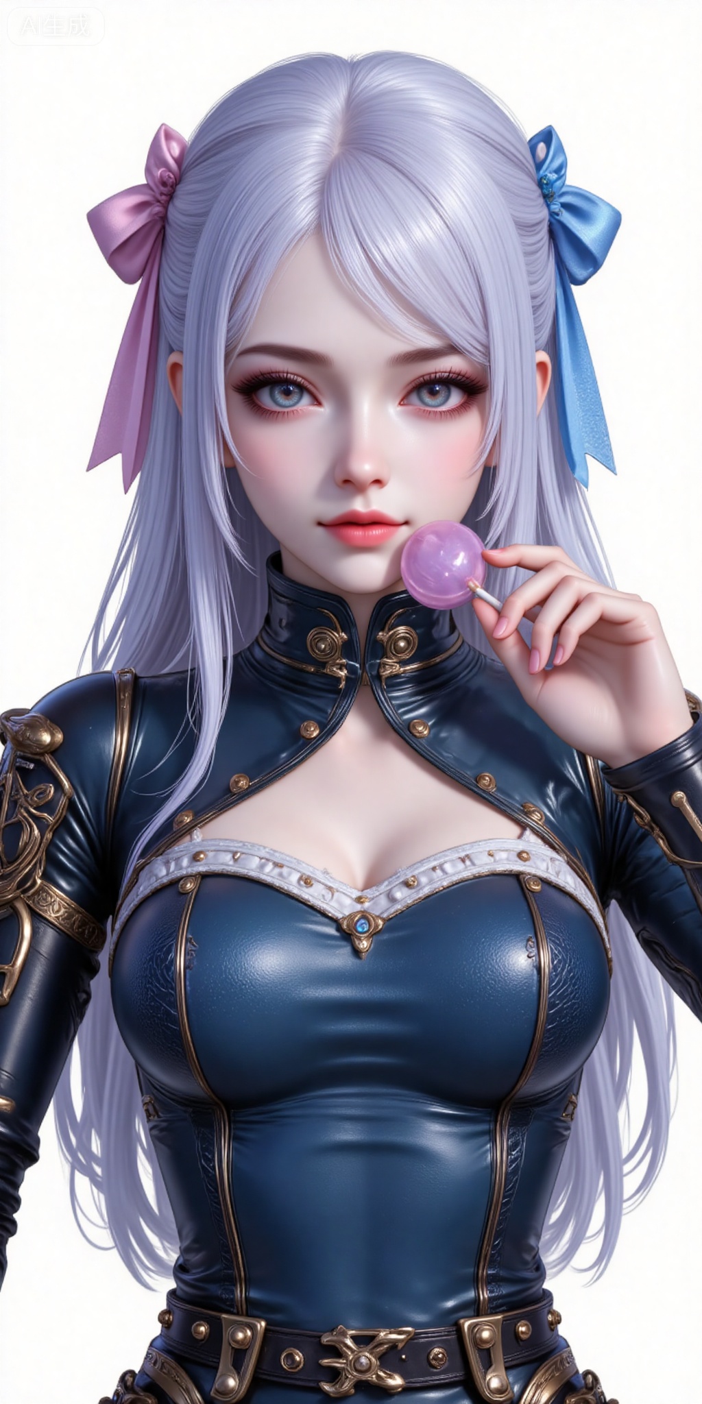 1girl, solo, breasts, bow, ribbon, blue hair, white hair, hair bow, food, lips, makeup, candy, lollipop