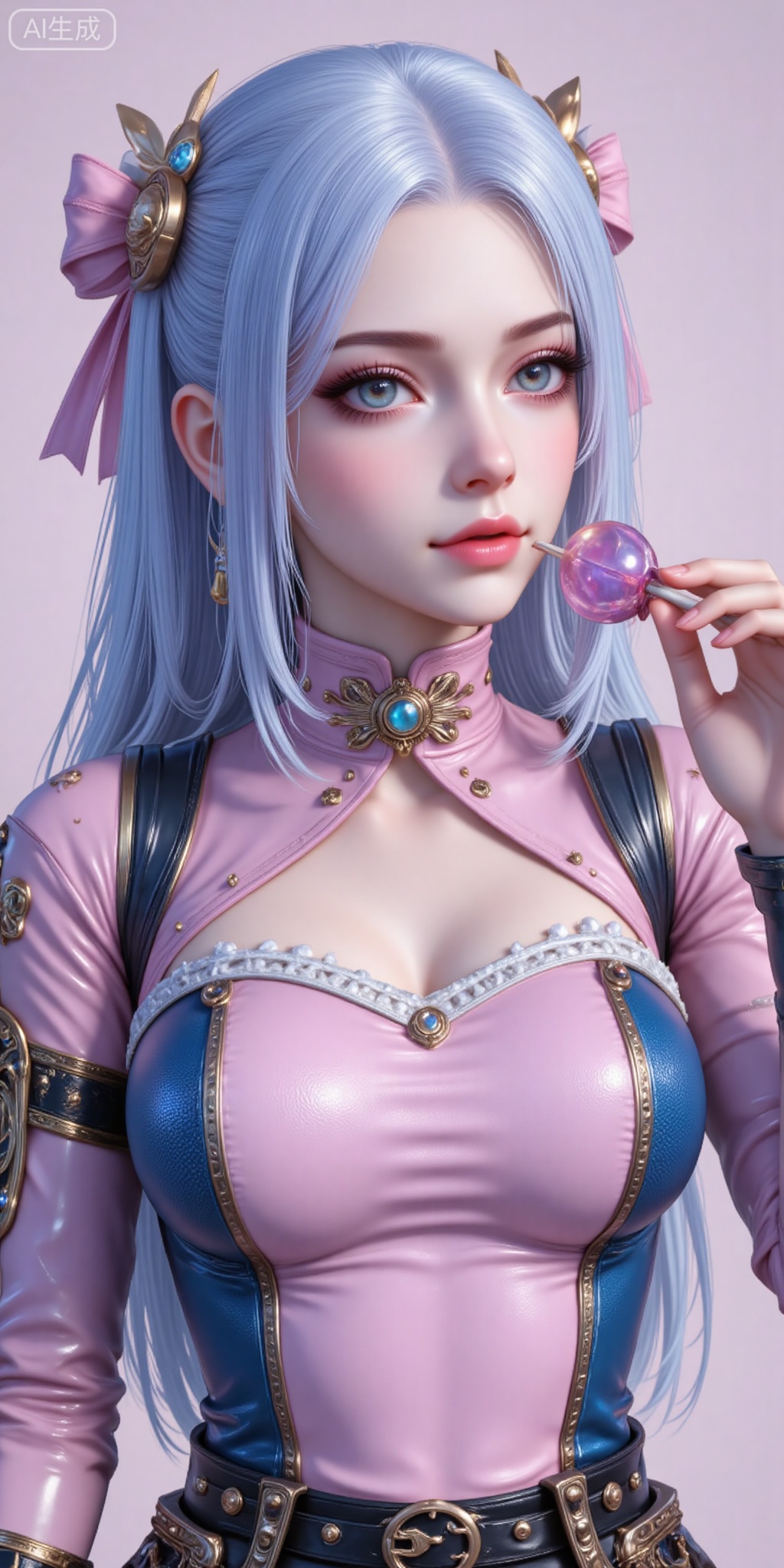1girl, solo, breasts, bow, ribbon, blue hair, white hair, hair bow, food, lips, makeup, candy, lollipop