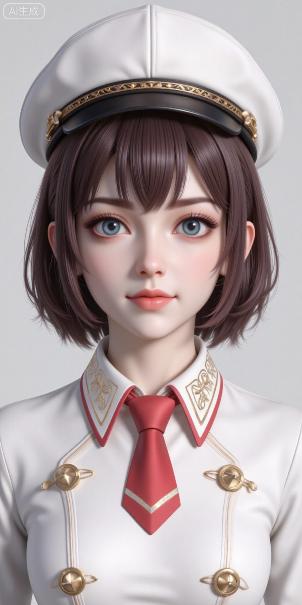 1girl, solo, looking at viewer, short hair, blue eyes, brown hair, hat, necktie, uniform, lips, realistic