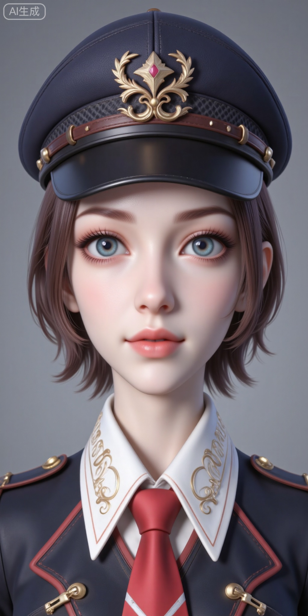 1girl, solo, looking at viewer, short hair, blue eyes, brown hair, hat, necktie, uniform, lips, realistic