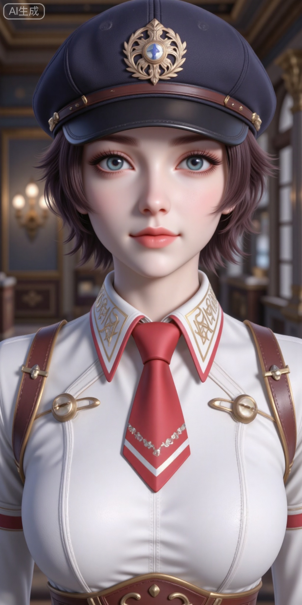 1girl, solo, looking at viewer, short hair, blue eyes, brown hair, hat, necktie, uniform, lips, realistic
