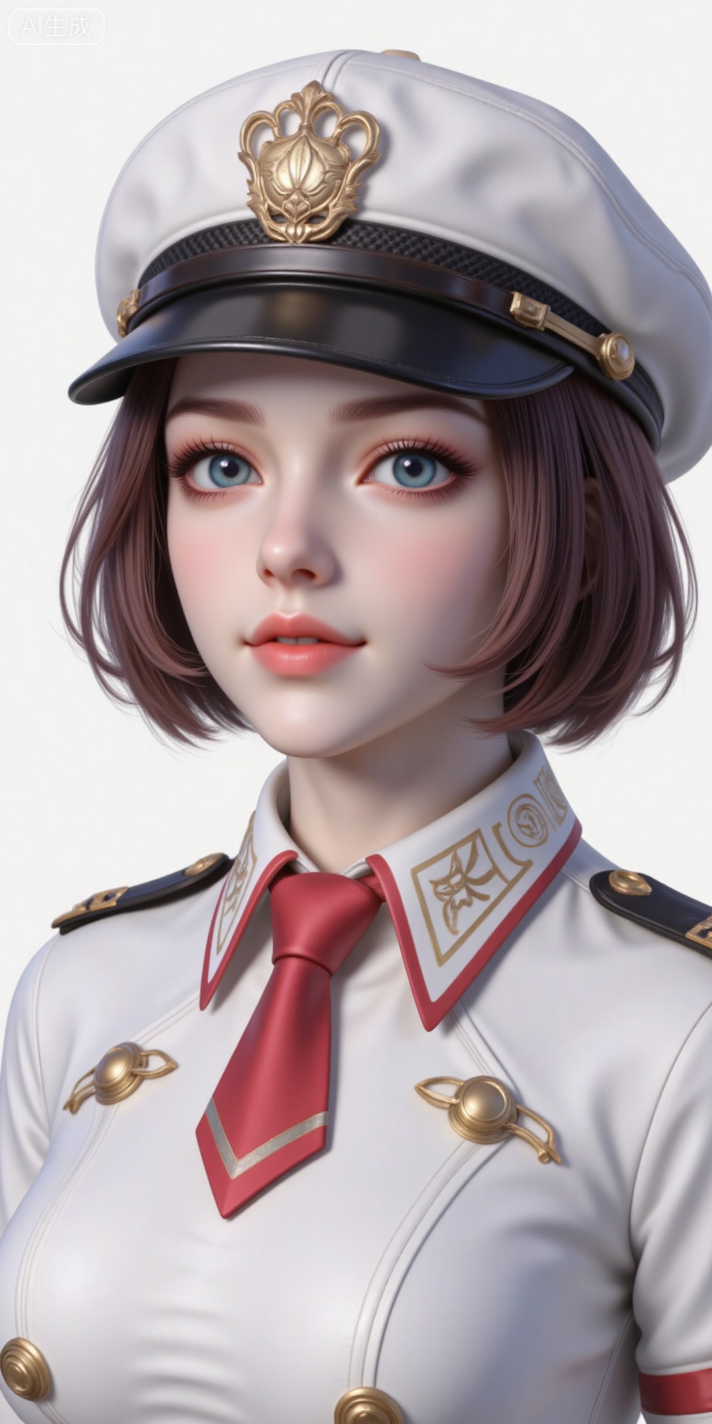 1girl, solo, looking at viewer, short hair, blue eyes, brown hair, hat, necktie, uniform, lips, realistic