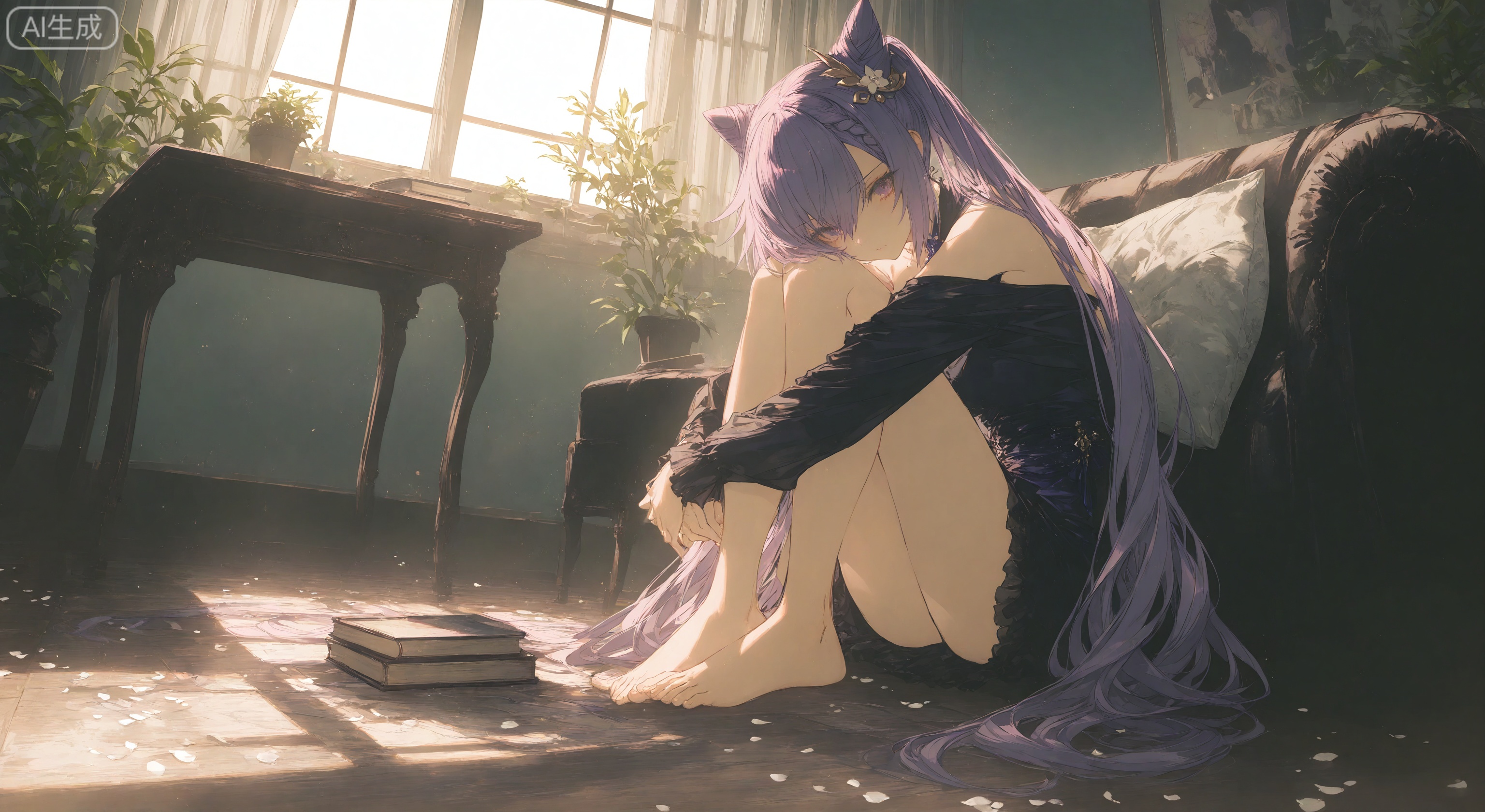 1girl, solo, long hair, looking at viewer, bangs, long sleeves, dress, hair between eyes, bare shoulders, twintails, sitting, closed mouth, purple eyes, full body, purple hair, braid, barefoot, day, indoors, hair bun, feet, pillow, book, petals, window, chair, table, sunlight, plant, curtains, potted plant, hugging own legs, cone hair bun, keqing
 ,Tyndall effect,Depth of field,light particles,lens flare,(artist: quasarcake:0.8),extreme aesthetic,(warp:0.6),wanke,rella,wanke,masterpiece,best quality,good quality,new,year 2024,year 2023,very aesthetic,absurdres,Visual force,Electromotive perspective composition,A shot with HD,ultra K-high,quality masterpiece resolution,emotionalization masterpiece,unconventional supreme,masterful details,with a high-end texture,in the style of fashion photography,(Visual impact:1.2),giving the poster a dynamic and visually striking appearance,impactful picture,official art,colorful,splash of color,movie perspective,masterpiece,best quality,amazing quality,very aesthetic,absurdres,best quality,new,best quality,dynamic angle,wallpaper,incredibly absurdres,from side,depth_of_field,blurry foreground