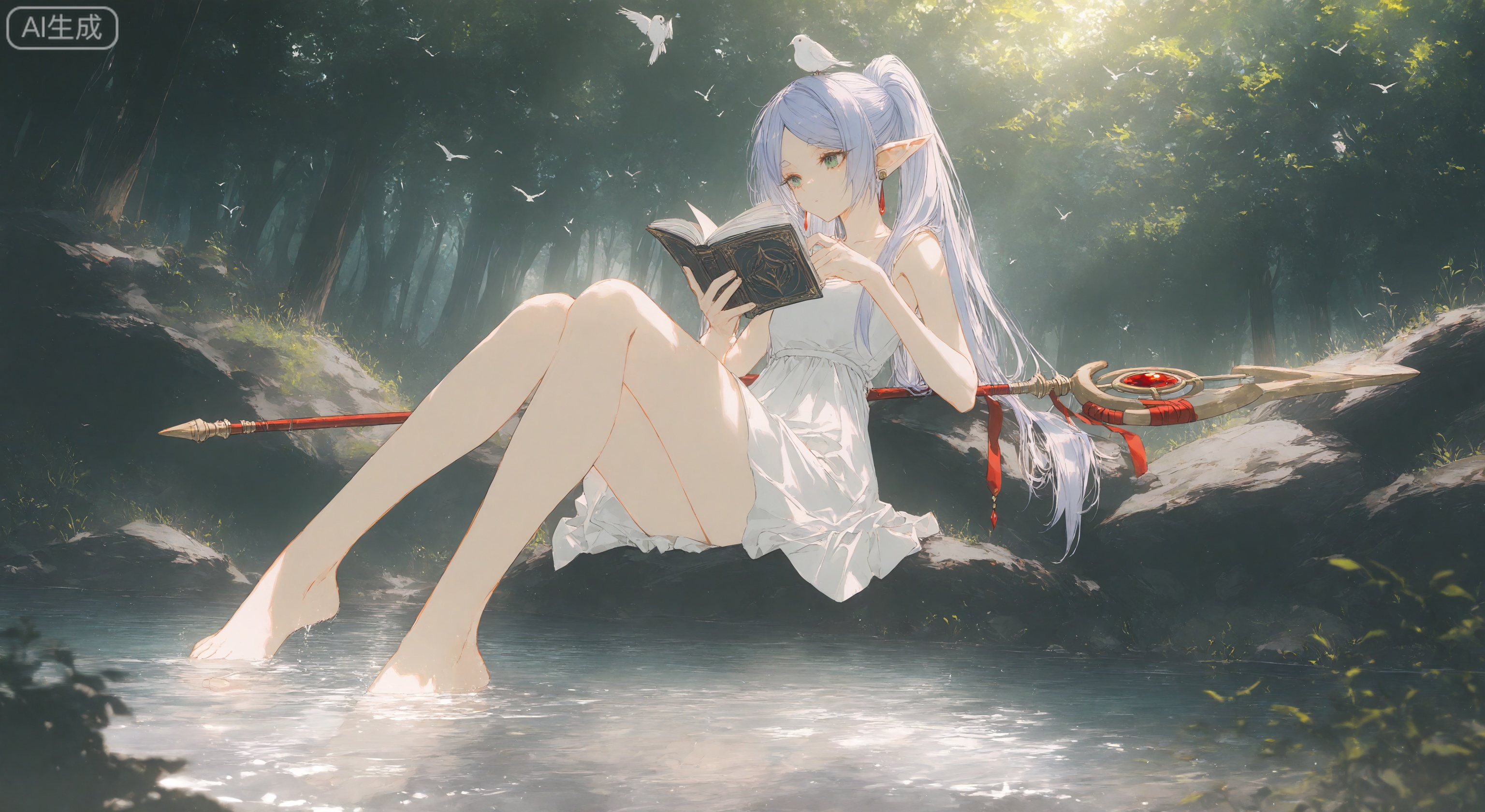 1girl, solo, long hair, dress, holding, jewelry, sitting, green eyes, blue hair, ponytail, weapon, earrings, outdoors, barefoot, sleeveless, day, pointy ears, virtual youtuber, water, white dress, book, sleeveless dress, bird, polearm, staff, holding book, spear, rock, open book, on head, reading, animal on head, soaking feet, bird on head,Frieren
 ,Tyndall effect,Depth of field,light particles,lens flare,(artist: quasarcake:0.8),extreme aesthetic,(warp:0.6),wanke,rella,wanke,masterpiece,best quality,good quality,new,year 2024,year 2023,very aesthetic,absurdres,Visual force,Electromotive perspective composition,A shot with HD,ultra K-high,quality masterpiece resolution,emotionalization masterpiece,unconventional supreme,masterful details,with a high-end texture,in the style of fashion photography,(Visual impact:1.2),giving the poster a dynamic and visually striking appearance,impactful picture,official art,colorful,splash of color,movie perspective,masterpiece,best quality,amazing quality,very aesthetic,absurdres,best quality,new,best quality,dynamic angle,wallpaper,incredibly absurdres,from side,depth_of_field,blurry foreground