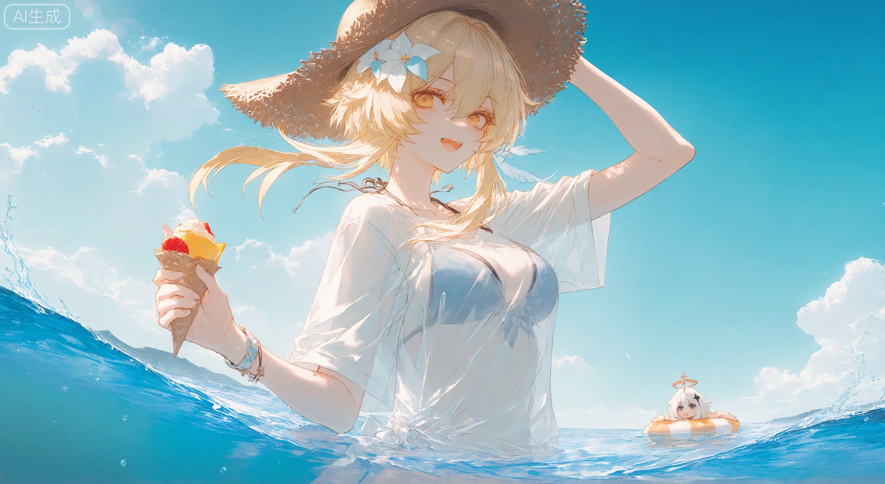 breasts, looking at viewer, smile, short hair, open mouth, bangs, blue eyes, multiple girls, blonde hair, shirt, hair ornament, hat, holding, 2girls, hair between eyes, swimsuit, yellow eyes, white shirt, flower, white hair, short sleeves, sidelocks, bikini, outdoors, food, sky, alternate costume, day, cloud, hair flower, water, arm up, blue sky, see-through, ocean, halo, cloudy sky, holding food, t-shirt, short hair with long locks, partially submerged, innertube, straw hat, hand on headwear, bikini under clothes, partially underwater shot, lumine \(genshin impact\), paimon \(genshin impact\) 
 ,Tyndall effect,Depth of field,light particles,lens flare,(artist: quasarcake:0.8),extreme aesthetic,(warp:0.6),wanke,rella,wanke,masterpiece,best quality,good quality,new,year 2024,year 2023,very aesthetic,absurdres,Visual force,Electromotive perspective composition,A shot with HD,ultra K-high,quality masterpiece resolution,emotionalization masterpiece,unconventional supreme,masterful details,with a high-end texture,in the style of fashion photography,(Visual impact:1.2),giving the poster a dynamic and visually striking appearance,impactful picture,official art,colorful,splash of color,movie perspective,masterpiece,best quality,amazing quality,very aesthetic,absurdres,best quality,new,best quality,dynamic angle,wallpaper,incredibly absurdres,from side,depth_of_field,blurry foreground,
