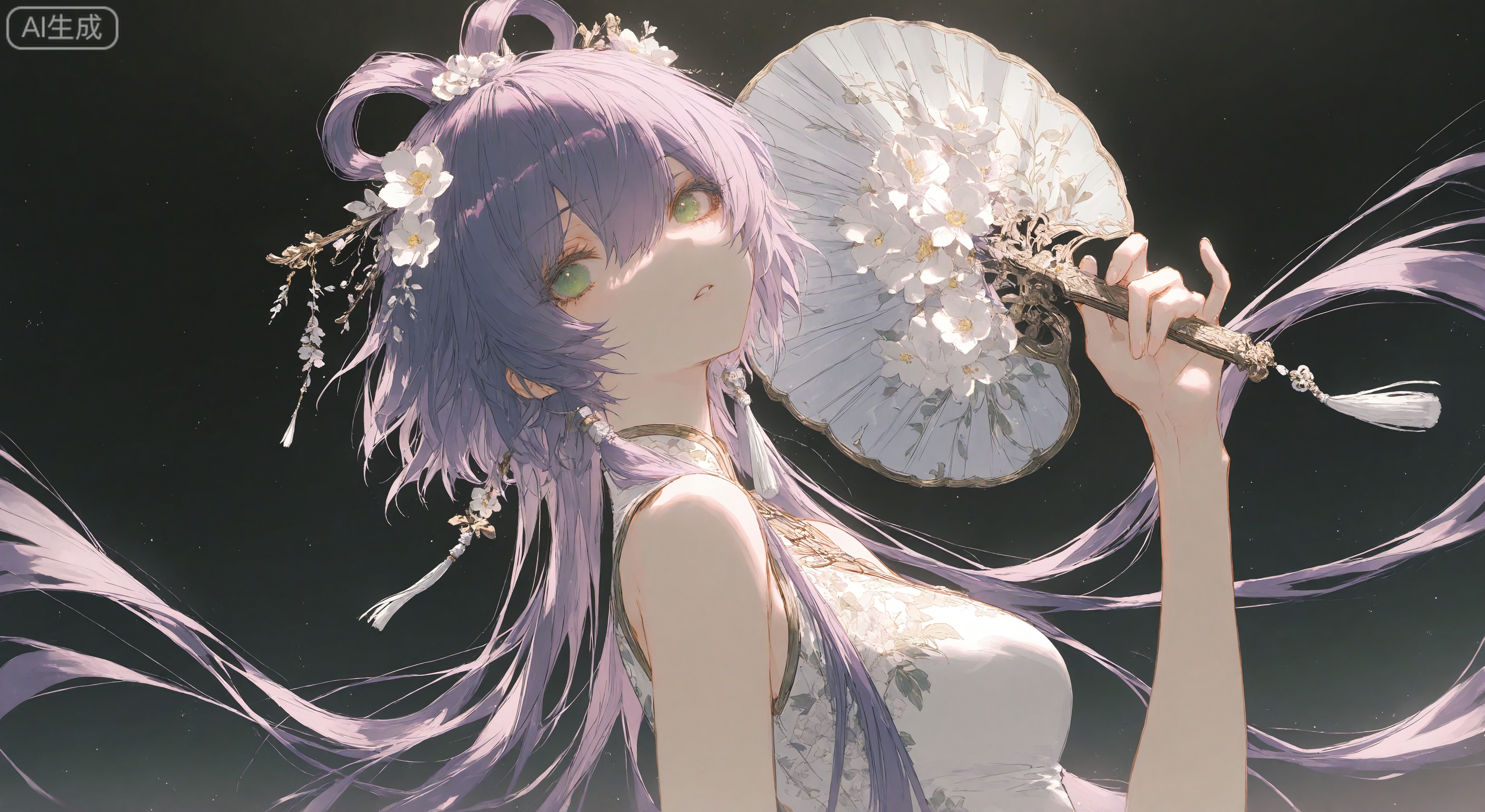 1girl, solo, long hair, breasts, looking at viewer, bangs, simple background, hair ornament, dress, holding, hair between eyes, bare shoulders, medium breasts, very long hair, green eyes, upper body, purple hair, flower, parted lips, sleeveless, hair flower, white dress, from side, head tilt, bare arms, eyelashes, sleeveless dress, chinese clothes, floral print, looking up, white flower, tassel, china dress, hand fan, light particles, holding fan, paper fan,luo tianyi
 ,Tyndall effect,Depth of field,light particles,lens flare,(artist: quasarcake:0.8),extreme aesthetic,(warp:0.6),wanke,rella,wanke,masterpiece,best quality,good quality,new,year 2024,year 2023,very aesthetic,absurdres,Visual force,Electromotive perspective composition,A shot with HD,ultra K-high,quality masterpiece resolution,emotionalization masterpiece,unconventional supreme,masterful details,with a high-end texture,in the style of fashion photography,(Visual impact:1.2),giving the poster a dynamic and visually striking appearance,impactful picture,official art,colorful,splash of color,movie perspective,masterpiece,best quality,amazing quality,very aesthetic,absurdres,best quality,new,best quality,dynamic angle,wallpaper,incredibly absurdres,from side,depth_of_field,blurry foreground,