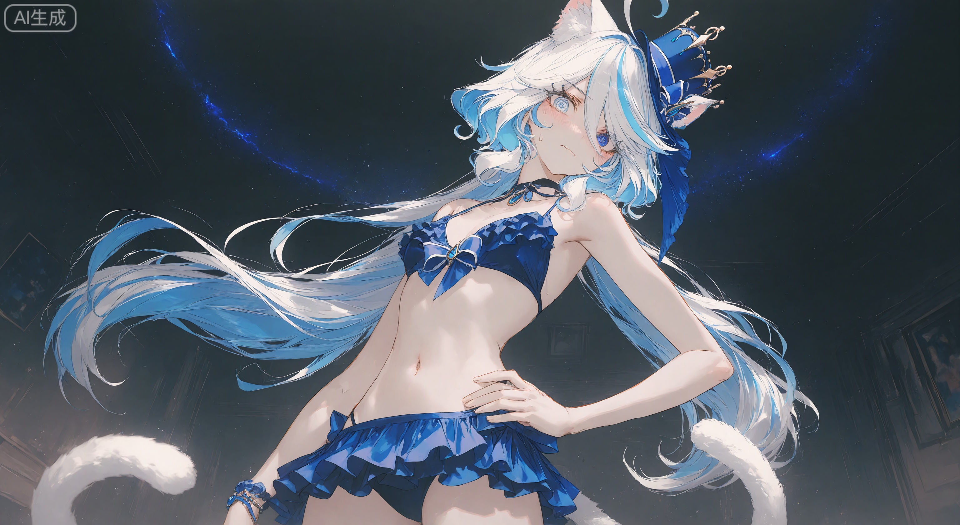 1girl, solo, long hair, looking at viewer, blush, bangs, blue eyes, skirt, hat, navel, animal ears, hair between eyes, closed mouth, blue hair, tail, swimsuit, white hair, bikini, multicolored hair, frills, indoors, cat ears, sweatdrop, streaked hair, cat tail, animal ear fluff, hand on hip, cat girl, blue bikini, frilled bikini, @ @, mini hat, bikini skirt,Furina
 ,Tyndall effect,Depth of field,light particles,lens flare,(artist: quasarcake:0.8),extreme aesthetic,(warp:0.6),wanke,rella,wanke,masterpiece,best quality,good quality,new,year 2024,year 2023,very aesthetic,absurdres,Visual force,Electromotive perspective composition,A shot with HD,ultra K-high,quality masterpiece resolution,emotionalization masterpiece,unconventional supreme,masterful details,with a high-end texture,in the style of fashion photography,(Visual impact:1.2),giving the poster a dynamic and visually striking appearance,impactful picture,official art,colorful,splash of color,movie perspective,masterpiece,best quality,amazing quality,very aesthetic,absurdres,best quality,new,best quality,dynamic angle,wallpaper,incredibly absurdres,from side,depth_of_field,blurry foreground
