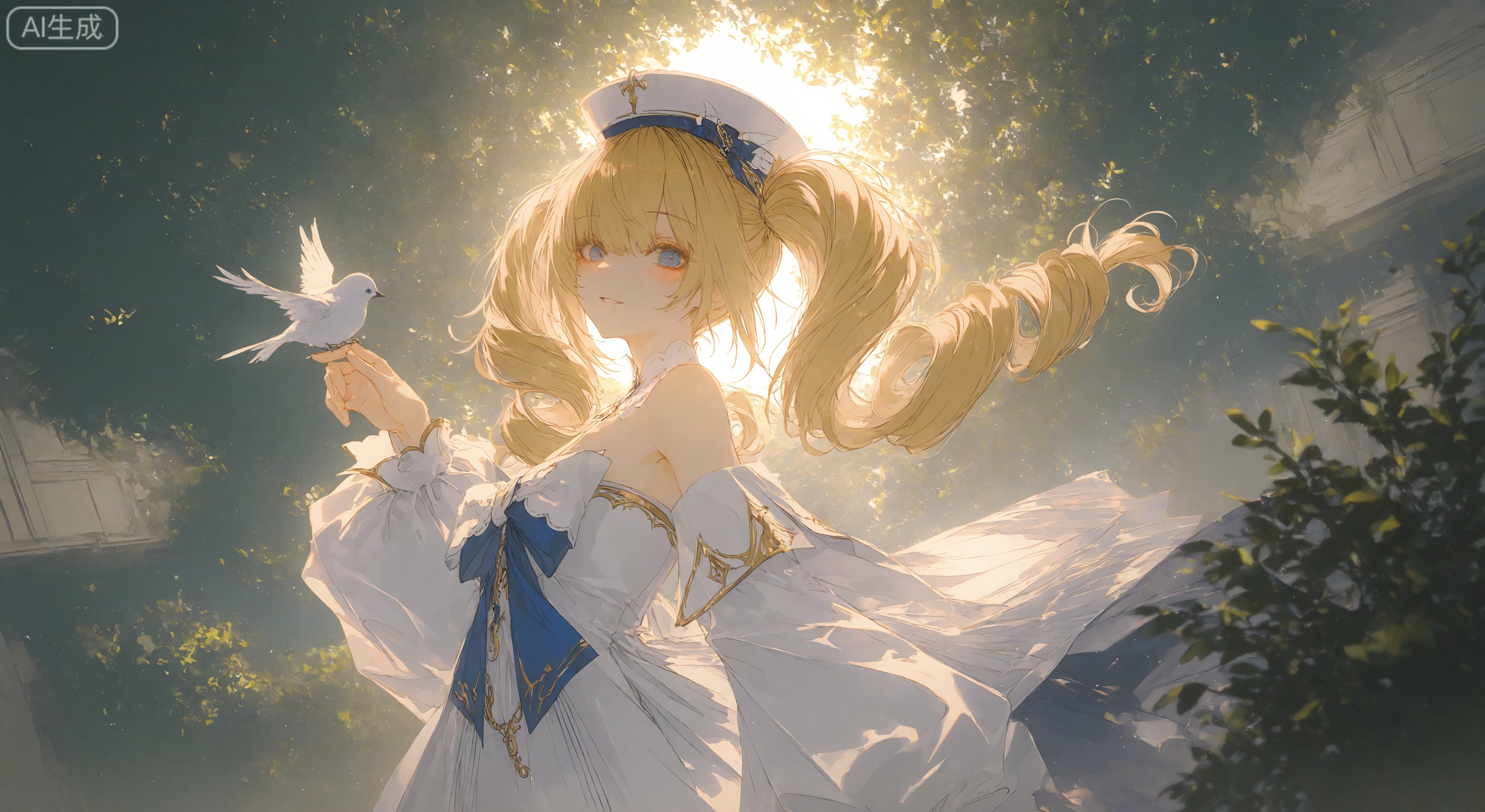1girl, solo, long hair, looking at viewer, blush, smile, bangs, blue eyes, blonde hair, long sleeves, hat, dress, bow, bare shoulders, twintails, parted lips, detached sleeves, hand up, white dress, strapless, detached collar, bird, white headwear, drill hair, sunlight, plant, musical note, strapless dress, twin drills, white sleeves, bird on hand, barbara 
 ,Tyndall effect,Depth of field,light particles,lens flare,(artist: quasarcake:0.8),extreme aesthetic,(warp:0.6),wanke,rella,wanke,masterpiece,best quality,good quality,new,year 2024,year 2023,very aesthetic,absurdres,Visual force,Electromotive perspective composition,A shot with HD,ultra K-high,quality masterpiece resolution,emotionalization masterpiece,unconventional supreme,masterful details,with a high-end texture,in the style of fashion photography,(Visual impact:1.2),giving the poster a dynamic and visually striking appearance,impactful picture,official art,colorful,splash of color,movie perspective,masterpiece,best quality,amazing quality,very aesthetic,absurdres,best quality,new,best quality,dynamic angle,wallpaper,incredibly absurdres,from side,depth_of_field,blurry foreground