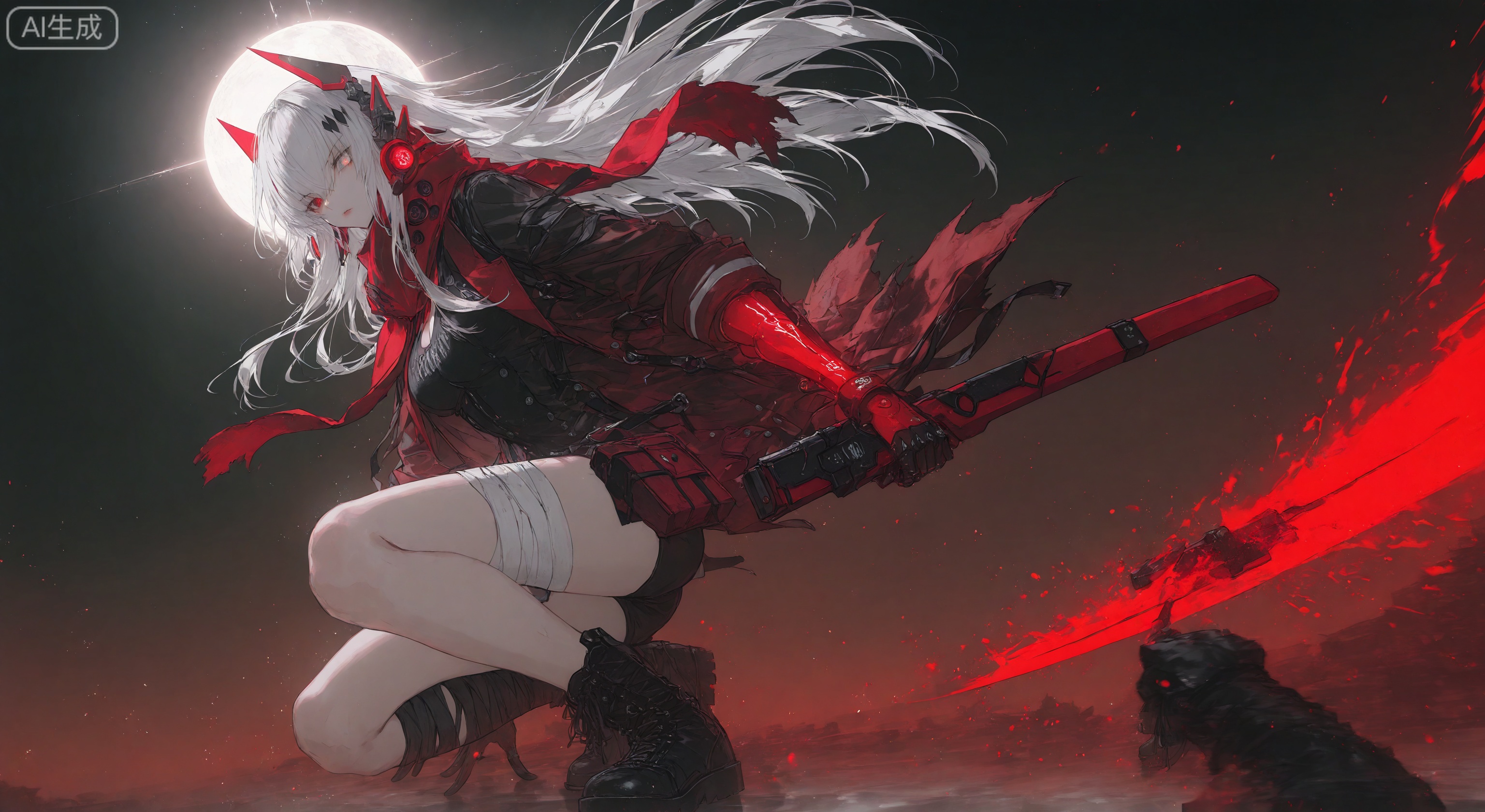 1girl, solo, long hair, breasts, looking at viewer, red eyes, holding, standing, jacket, weapon, white hair, shorts, sword, scarf, holding weapon, floating hair, glowing, headgear, heterochromia, sheath, red scarf, fighting stance, motion blur, red lips,Lucia \(Crimson Abyss\), clothes: Crimson Abyss def clothes, 1girl, long hair, red eyes, red scarf, boots, red gloves, bandaged leg, black footwear
 ,Tyndall effect,Depth of field,light particles,lens flare,(artist: quasarcake:0.8),extreme aesthetic,(warp:0.6),wanke,rella,wanke,masterpiece,best quality,good quality,new,year 2024,year 2023,very aesthetic,absurdres,Visual force,Electromotive perspective composition,A shot with HD,ultra K-high,quality masterpiece resolution,emotionalization masterpiece,unconventional supreme,masterful details,with a high-end texture,in the style of fashion photography,(Visual impact:1.2),giving the poster a dynamic and visually striking appearance,impactful picture,official art,colorful,splash of color,movie perspective,masterpiece,best quality,amazing quality,very aesthetic,absurdres,best quality,new,best quality,dynamic angle,wallpaper,incredibly absurdres,from side,depth_of_field,blurry foreground