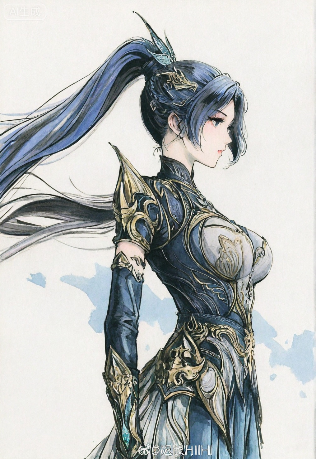 ((very awa)),(solo),highly detailed,(best quality),((masterpiece)),1girl,chi,,painting \(medium\),watercolor \(medium\),black hair,simple background,large breasts,lineart,flat color,ge,wangdonger,long hair,blue hair,ponytail,hair ornament,armor,