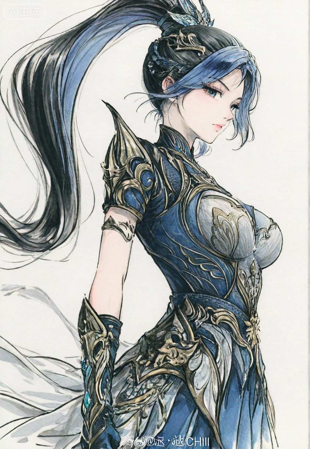 ((very awa)),(solo),highly detailed,(best quality),((masterpiece)),1girl,chi,,painting \(medium\),watercolor \(medium\),black hair,simple background,large breasts,lineart,flat color,ge,wangdonger,long hair,blue hair,ponytail,hair ornament,armor,looking at viewer