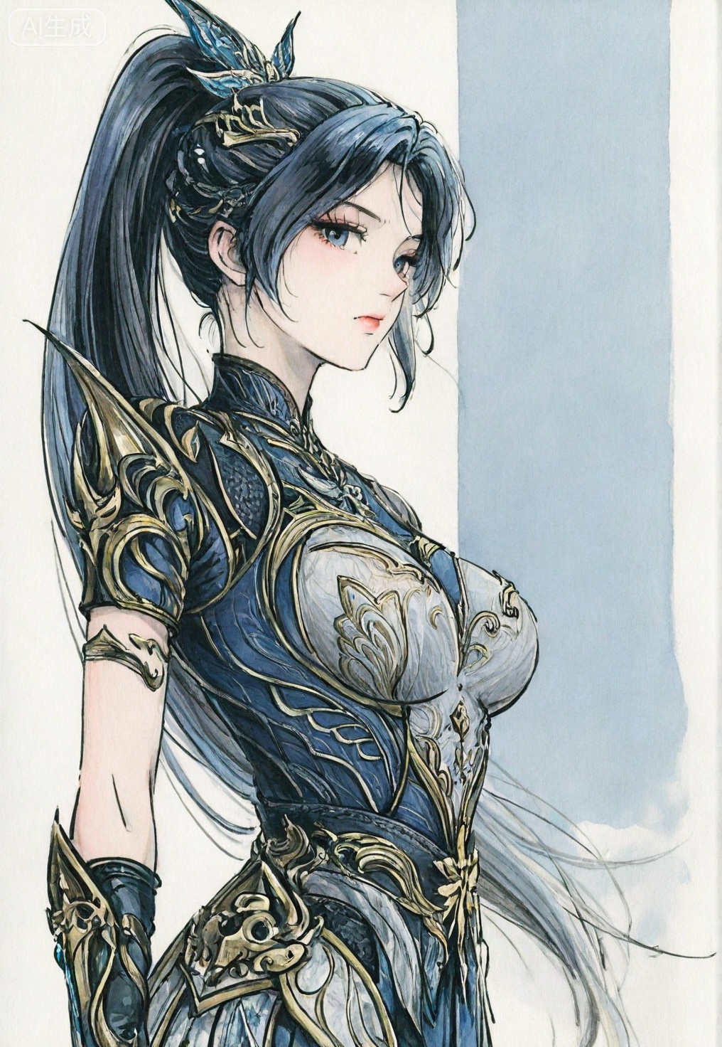 ((very awa)),(solo),highly detailed,(best quality),((masterpiece)),1girl,chi,,painting \(medium\),watercolor \(medium\),black hair,simple background,large breasts,lineart,flat color,ge,wangdonger,long hair,blue hair,ponytail,hair ornament,armor,looking at viewer