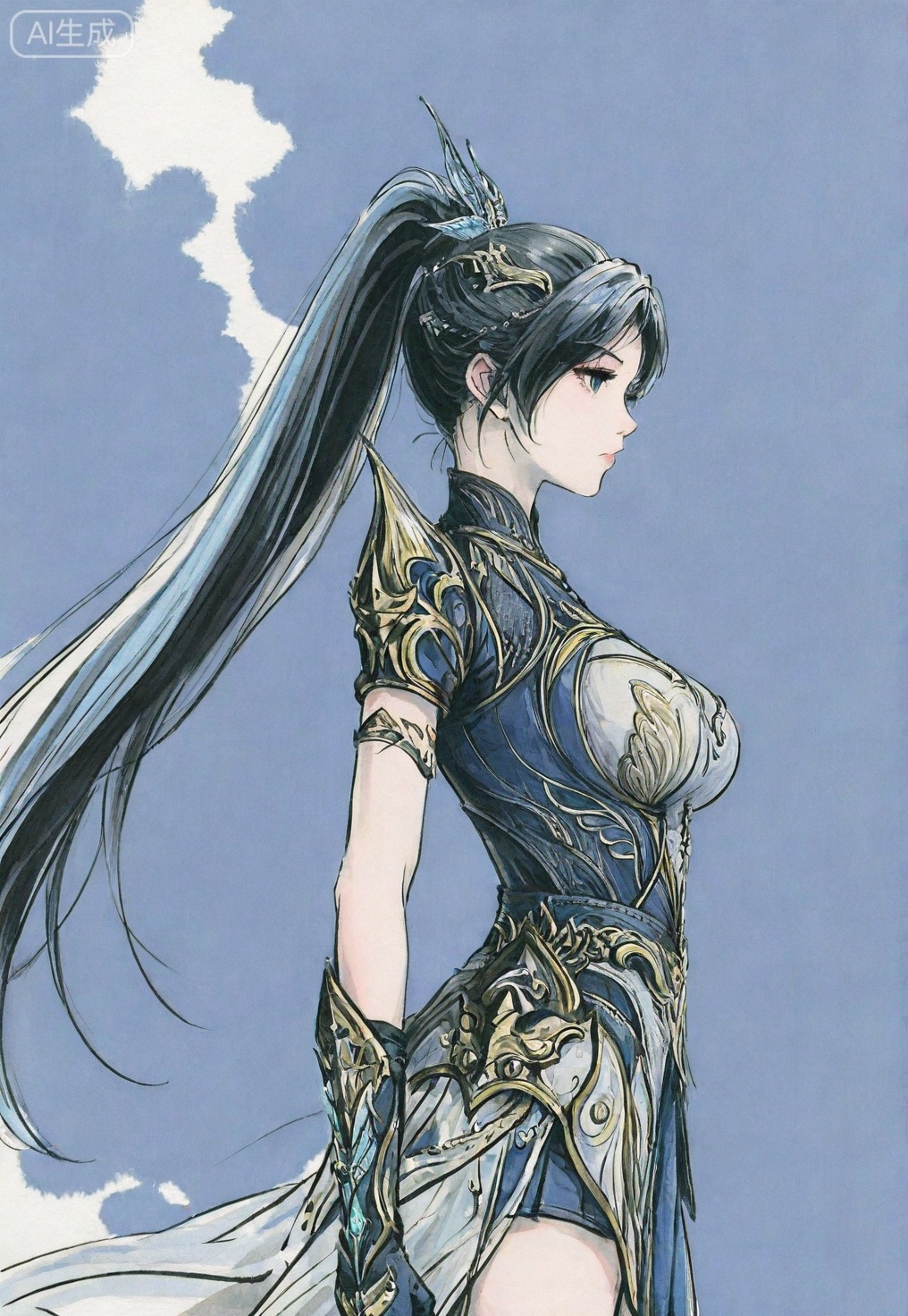 ((very awa)),(solo),highly detailed,(best quality),((masterpiece)),1girl,chi,,painting \(medium\),watercolor \(medium\),black hair,simple background,large breasts,lineart,flat color,ge,wangdonger,long hair,blue hair,ponytail,hair ornament,armor,