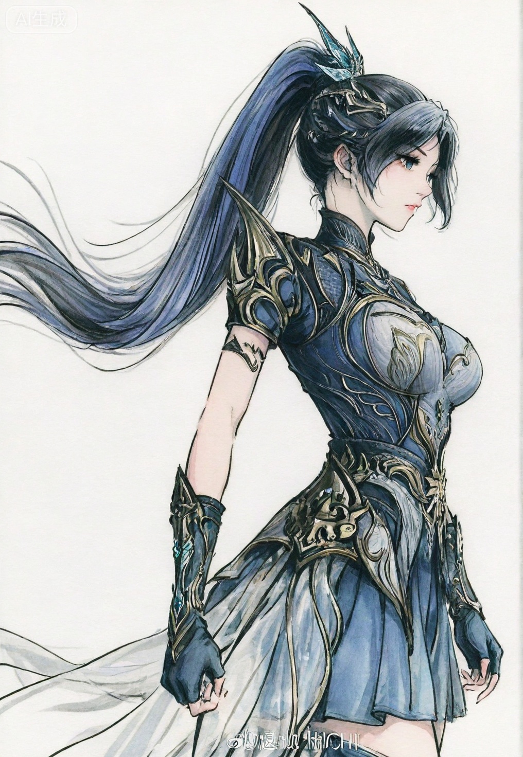 ((very awa)),(solo),highly detailed,(best quality),((masterpiece)),1girl,chi,,painting \(medium\),watercolor \(medium\),black hair,simple background,large breasts,lineart,flat color,ge,wangdonger,long hair,blue hair,ponytail,hair ornament,armor,