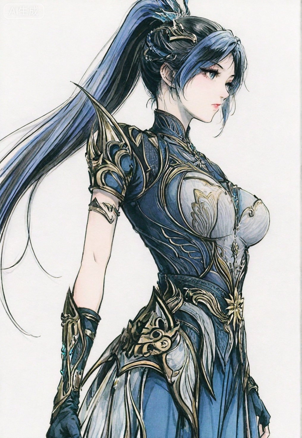 ((very awa)),(solo),highly detailed,(best quality),((masterpiece)),1girl,chi,,painting \(medium\),watercolor \(medium\),black hair,simple background,large breasts,lineart,flat color,ge,wangdonger,long hair,blue hair,ponytail,hair ornament,armor,