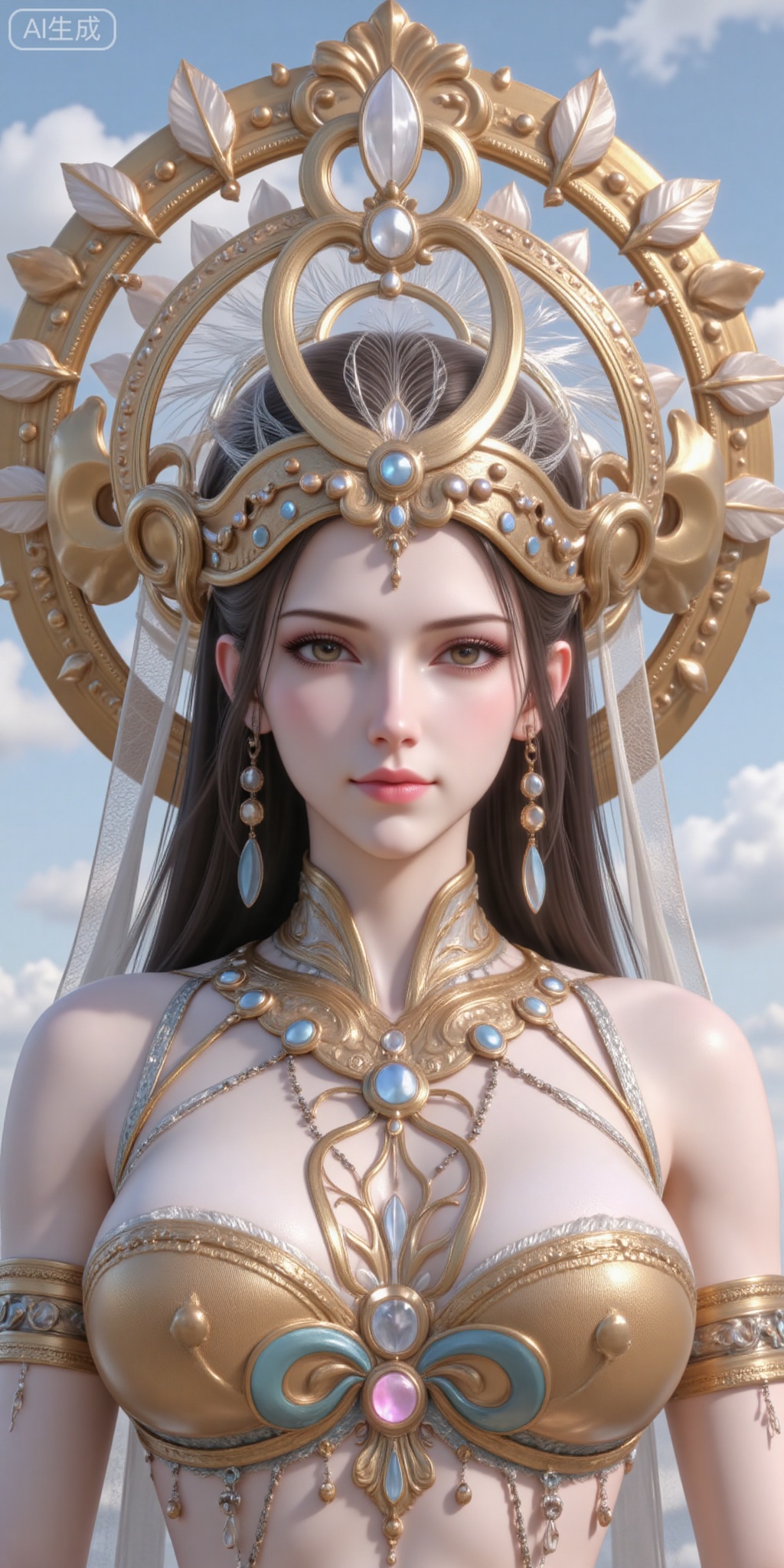 1girl, solo, long hair, breasts, looking at viewer, brown hair, hair ornament, jewelry, upper body, earrings, sky, lips, book, feathers, headdress