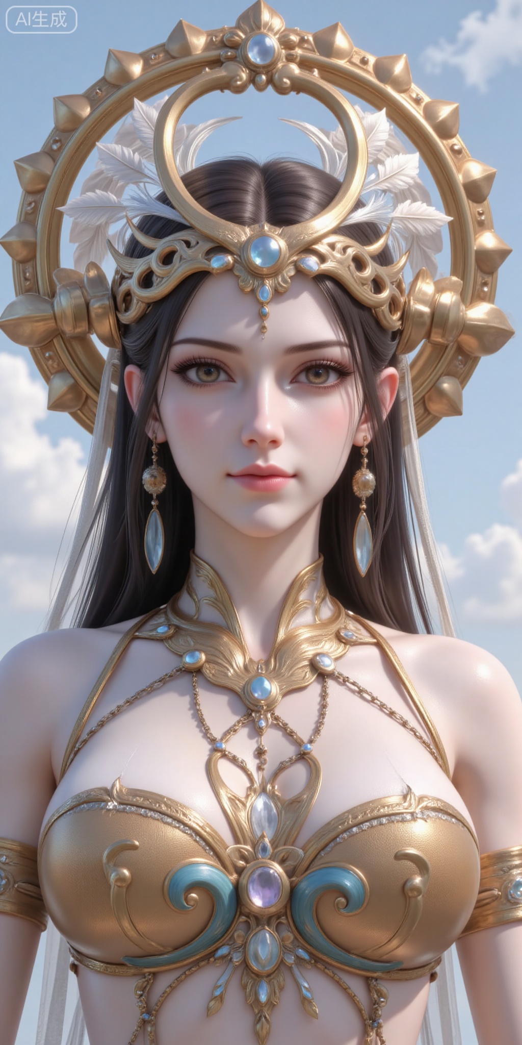 1girl, solo, long hair, breasts, looking at viewer, brown hair, hair ornament, jewelry, upper body, earrings, sky, lips, book, feathers, headdress