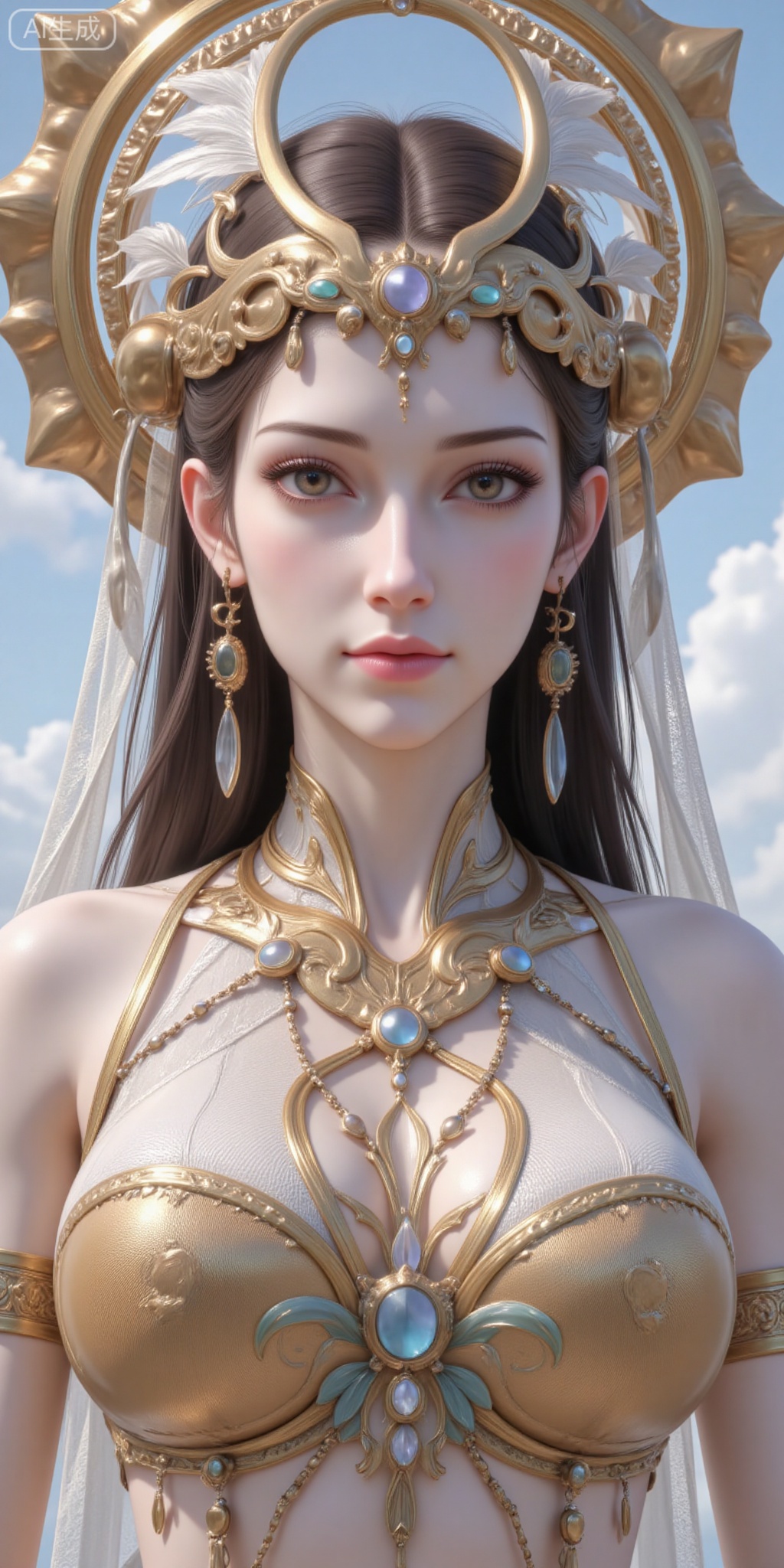 1girl, solo, long hair, breasts, looking at viewer, brown hair, hair ornament, jewelry, upper body, earrings, sky, lips, book, feathers, headdress