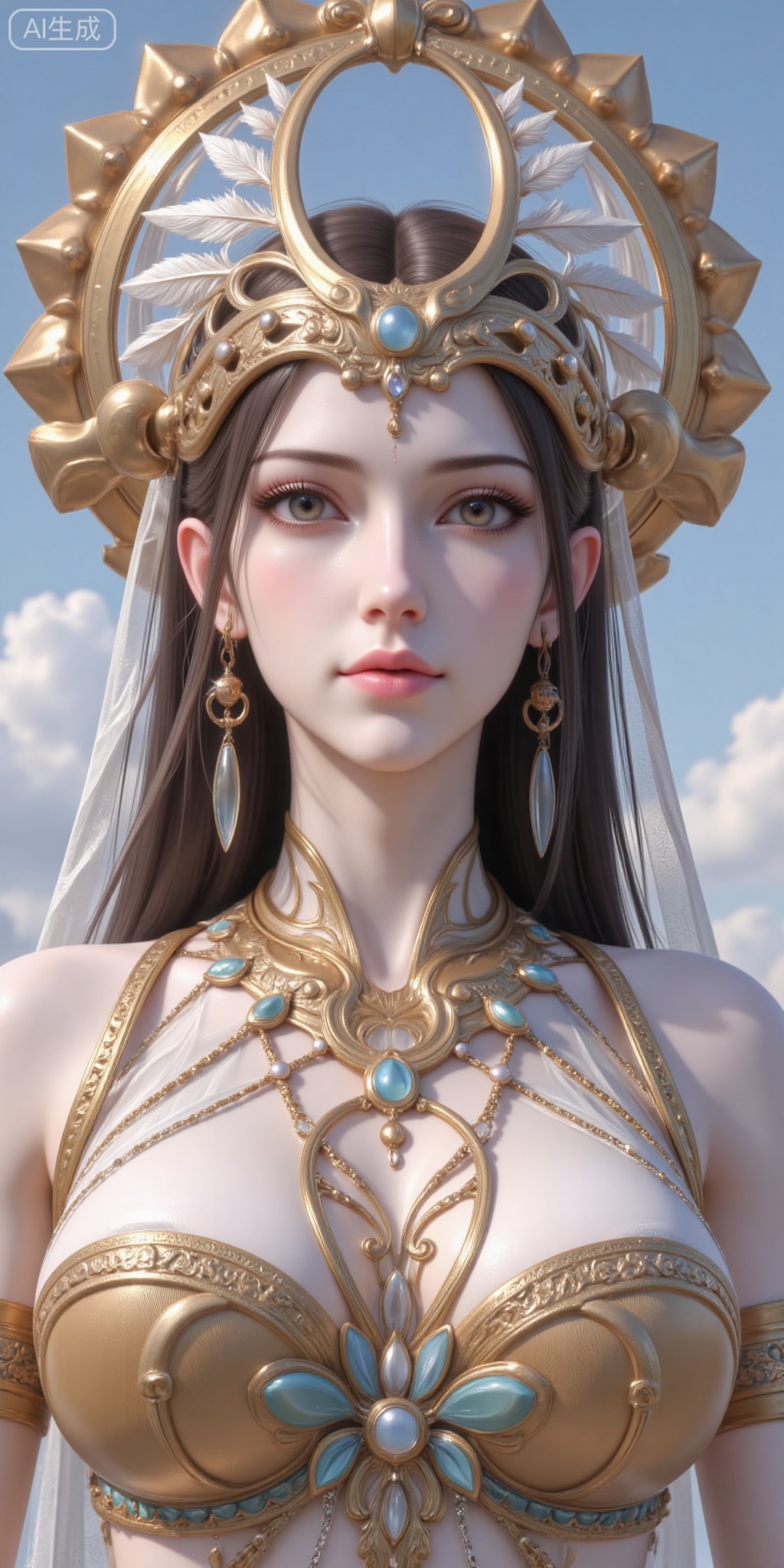 1girl, solo, long hair, breasts, looking at viewer, brown hair, hair ornament, jewelry, upper body, earrings, sky, lips, book, feathers, headdress