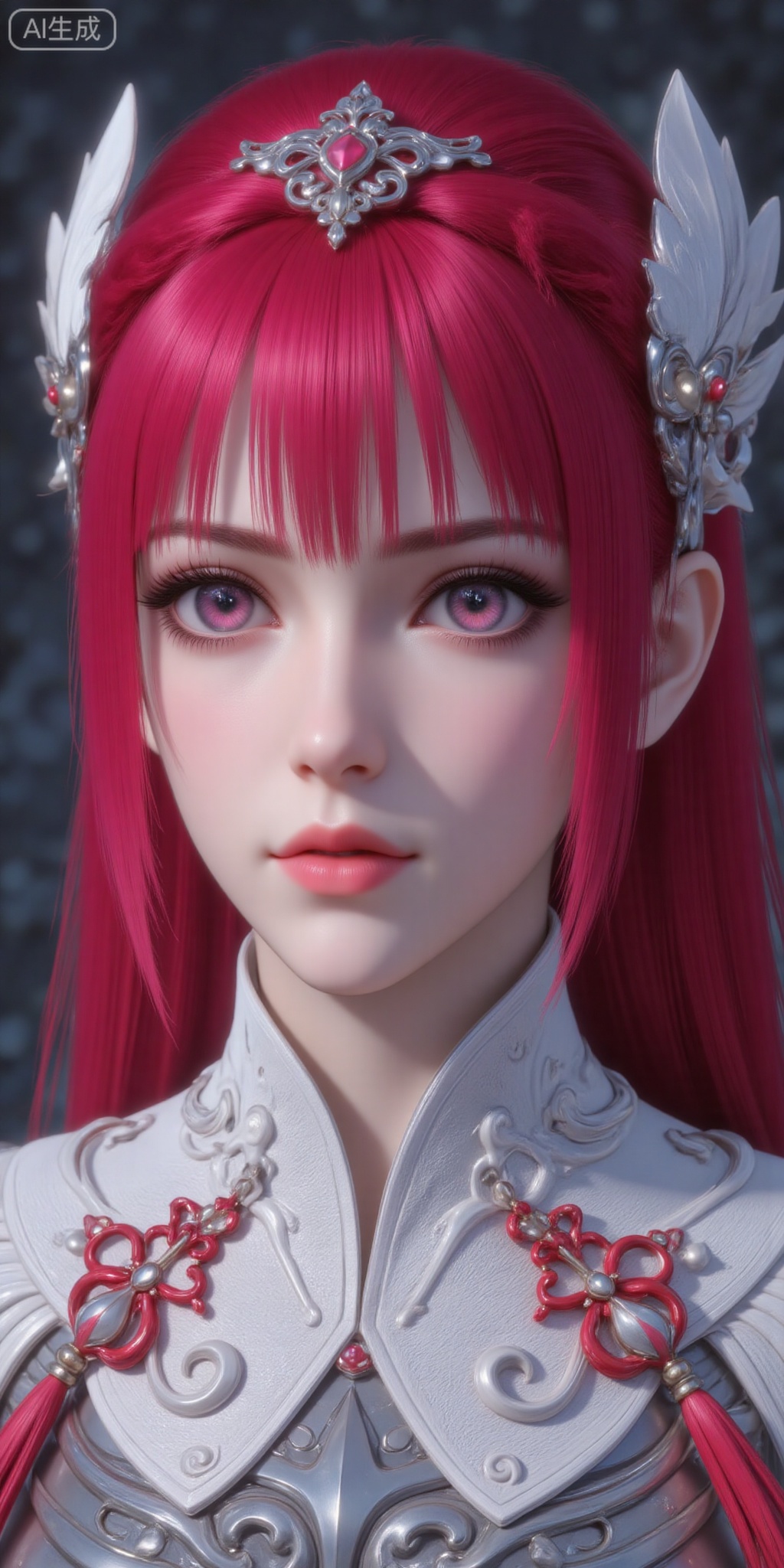 1girl, solo, long hair, hair ornament, red eyes, upper body, pink hair, red hair, armor, lips, realistic