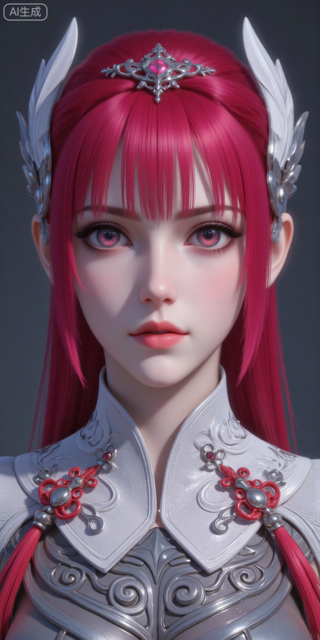 1girl, solo, long hair, hair ornament, red eyes, upper body, pink hair, red hair, armor, lips, realistic