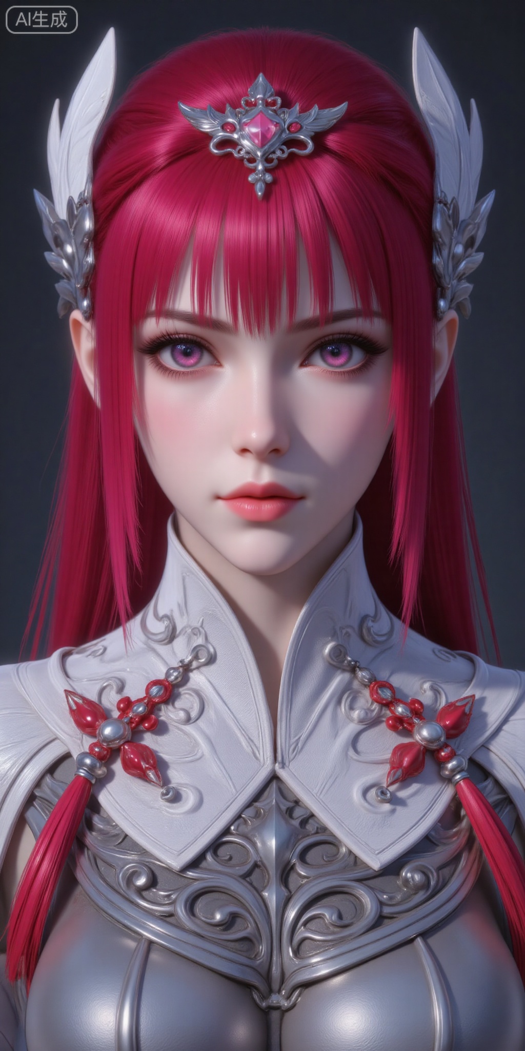 1girl, solo, long hair, hair ornament, red eyes, upper body, pink hair, red hair, armor, lips, realistic