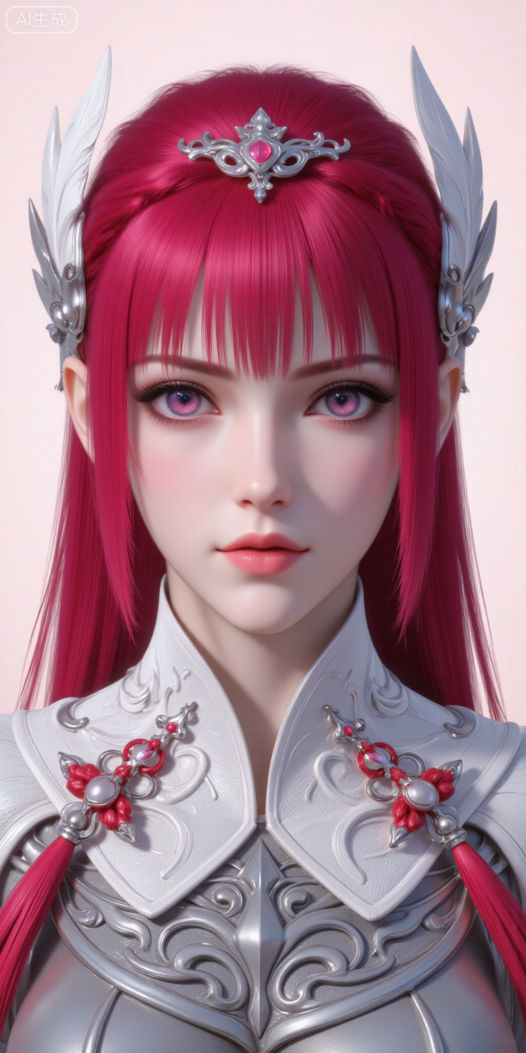1girl, solo, long hair, hair ornament, red eyes, upper body, pink hair, red hair, armor, lips, realistic