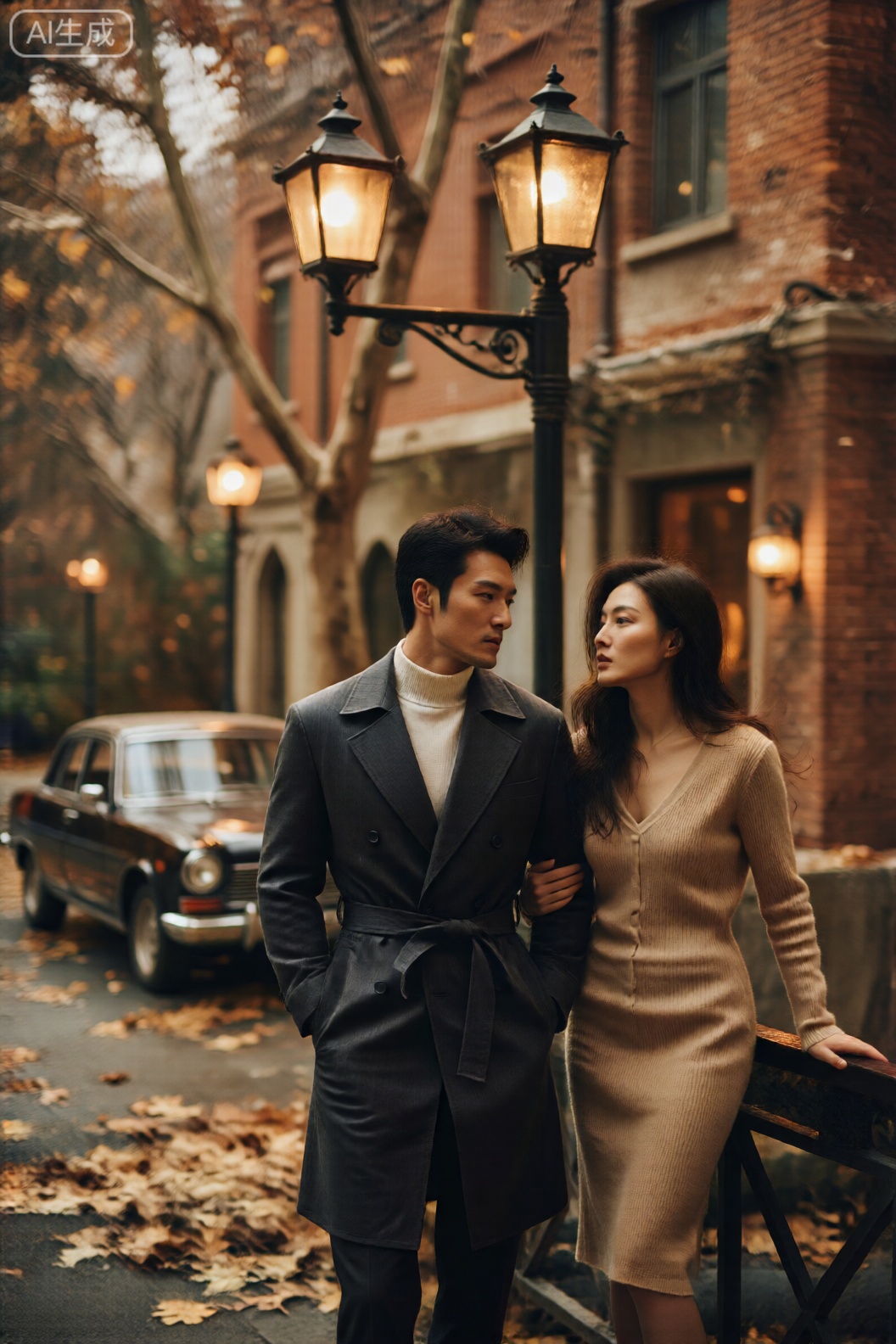 主体描述：一对年轻情侣,男生穿着深灰色风衣,内搭白色高领毛衣,短发利落,眼神温柔望向女方；女生身着米色针织长裙,长发微卷披在肩头,嘴角带着浅浅笑意,右手轻轻挽着男生左臂,身体微微向他倾斜。两人姿态亲昵自然,流露着默契的爱意。
 
环境背景：场景是深秋的傍晚街头,老旧的路灯已亮起暖黄光芒,地面落满焦糖色落叶。路边停着一辆复古黑色轿车,车身有细微划痕。前景是散落的落叶,中景是相拥的情侣,远景是延伸向远方的街道,两侧是红砖墙面的老建筑,窗户透出零星灯光。
 
光线：光源为路灯的暖光,以30°斜射角度照亮两人,侧逆光勾勒出他们的轮廓,形成柔和的光影过渡,地面落叶上有斑驳的光影。
 
渲染风格：画面质感如电影胶片般细腻,带着轻微颗粒感,整体氛围浪漫怀旧,像老电影里的经典片段。
 
色彩：色彩基调是暖黄与焦糖色为主的复古色调,红色砖墙与落叶的暖棕形成呼应,色彩过渡自然,带着淡淡的褪色感。
 
构图：采用三分法构图,情侣位于画面右侧三分之二处,左侧留白展现街道延伸感,增强故事的纵深感。
 
拍摄角度：平视视角,中景拍摄,刚好捕捉到两人上半身及周围环境,突出互动感。
 
滤镜：使用复古电影滤镜,降低饱和度30%,增加暗角,模拟胶片的复古质感。
 
摄影参数：使用索尼Alpha 1 摄像机,搭配索尼FE 35mm F1.4 GM 定焦镜头,快门速度1/60s,光圈值f/2.0,焦段35mm,ISO数值ISO 800。,秋日氛围