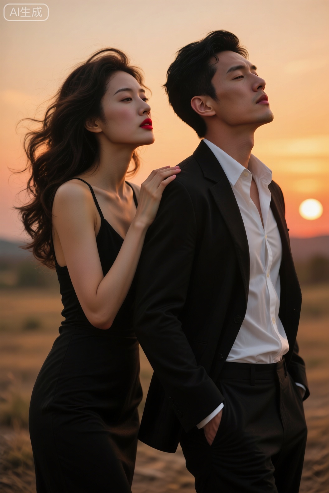 主体描述：画面中有一男一女。女性,深色大波浪长发被风吹得微乱,身着黑色上衣,面部朝向侧方,红唇,眼神沉静,肢体动作为一手轻搭在男性肩膀上,姿态亲昵放松；男性,黑色短发,身着黑色外套内搭白色衬衫,头部微微后仰,双眼轻闭,姿态舒展,呈现出享受当下的状态。环境背景：场景是户外黄昏时分的开阔地带,背景为渐变的暖橙色天空（从浅到深过渡）,无多余繁杂景物,空间层次简洁,主体人物为核心,背景纯粹烘托氛围,营造出静谧又浪漫的感觉。光线：光源为夕阳自然光,光线方向为侧逆光,光线效果柔和,在人物轮廓与面部形成暖金色的光影勾勒,让皮肤呈现出温暖的质感,整体光影层次细腻。渲染风格：画面质感写实且带有细腻的人像肖像感,整体氛围静谧浪漫、温暖且富有诗意。色彩：色彩基调为暖橙色调,以夕阳的暖橙、黄色为主,搭配人物的黑色服饰,色彩过渡自然,光影交融柔和。构图：采用中心构图,两人并肩的姿态占据画面核心区域,主体占画面约3/4,上下左右留白均衡,突出人物互动与黄昏天空的融合。拍摄角度：视角为略微仰拍的平视角度（让人物在天空背景下更具视觉张力,同时强化人物与天空的空间关联）,拍摄距离为近景,清晰呈现人物面部神态与肢体互动细节。滤镜：暖调人像滤镜,提升画面暖色调浓度,柔化光影边缘,让皮肤质感更细腻,同时增强整体的浪漫氛围。摄影参数：使用索尼Alpha 1 摄像机,搭配索尼FE 85mm F1.4 GM 定焦镜头,快门速度1/125s,光圈值f/2.0,焦段85mm,ISO 数值100。