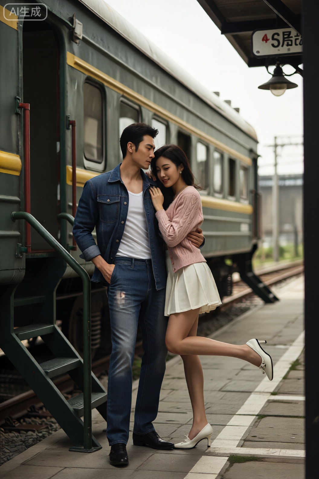 主体描述一对年轻恋人,男方身形修长,面容清俊,黑色短发利落干练,身着一件深蓝色牛仔工装外套,内搭白色纯棉T 恤,下身是一条浅蓝色直筒牛仔裤,搭配黑色帆布鞋。女方娇小可爱,齐肩短发微微内卷,白皙的脸上泛着红晕,她穿着一件粉色针织开衫,里面是一条米白色连衣裙,脚蹬一双白色低跟小皮鞋。两人相互依偎,男方右手轻轻环住女方的腰,女方则将头靠在男方肩上,脸上洋溢着幸福甜蜜的微笑,眼神中满是爱意。
环境背景场景设定在一个略显陈旧的月台,老旧的绿皮火车停靠在铁轨上。车厢连接处的金属扶手锈迹斑斑,地面是青灰色的石板,有一些岁月留下的裂缝和污渍。前景能看到两人脚边的月台边缘,中景是依偎在一起的恋人与火车车厢的连接处,远景是火车车身,上面的红色标语已经褪色,还有远处长满荒草的铁道延伸向远方。月台旁的路灯杆上挂着一个斑驳的站牌,写着模糊的站名。
光线光源为傍晚时分的自然光,属于侧逆光。夕阳的余晖从一侧斜射过来,将两人的轮廓勾勒出一层金色的边,同时在地面投射出长长的影子。光线柔和漫射,透过火车车窗在车厢内形成光影交错的效果,营造出一种温馨且略带怀旧的氛围。
渲染风格画面质感写实细腻,整体氛围复古怀旧,仿佛将人带回那个纯真的年代,充满故事感。
色彩色彩基调以复古色系为主,如车厢的绿色、男方牛仔服的蓝色、女方粉色针织开衫与米白色连衣裙的搭配,与周围环境的青灰色、铁锈色相互映衬。色彩过渡自然,营造出和谐而富有年代感的视觉感受。
构图采用中心构图,将恋人主体置于画面中心位置,占据画面二分之一左右的空间,突出两人之间的亲密互动。上下适当留白,展现月台和火车的部分场景,增强画面的空间感。
拍摄角度平视视角,中景拍摄,能够清晰地捕捉到恋人的表情、动作以及周围的环境细节,使观众更好地感受到画面所传达的情感。
滤镜选用复古胶片滤镜,降低饱和度10%,增加暗角效果,让画面更具老照片的质感,强化复古氛围。
摄影参数使用佳能EOS R5 摄像机,搭配佳能RF 50mm F1.2 L USM 定焦镜头,快门速度1/80s,光圈值f/2.2,焦段50mm,ISO 数值ISO 400。
