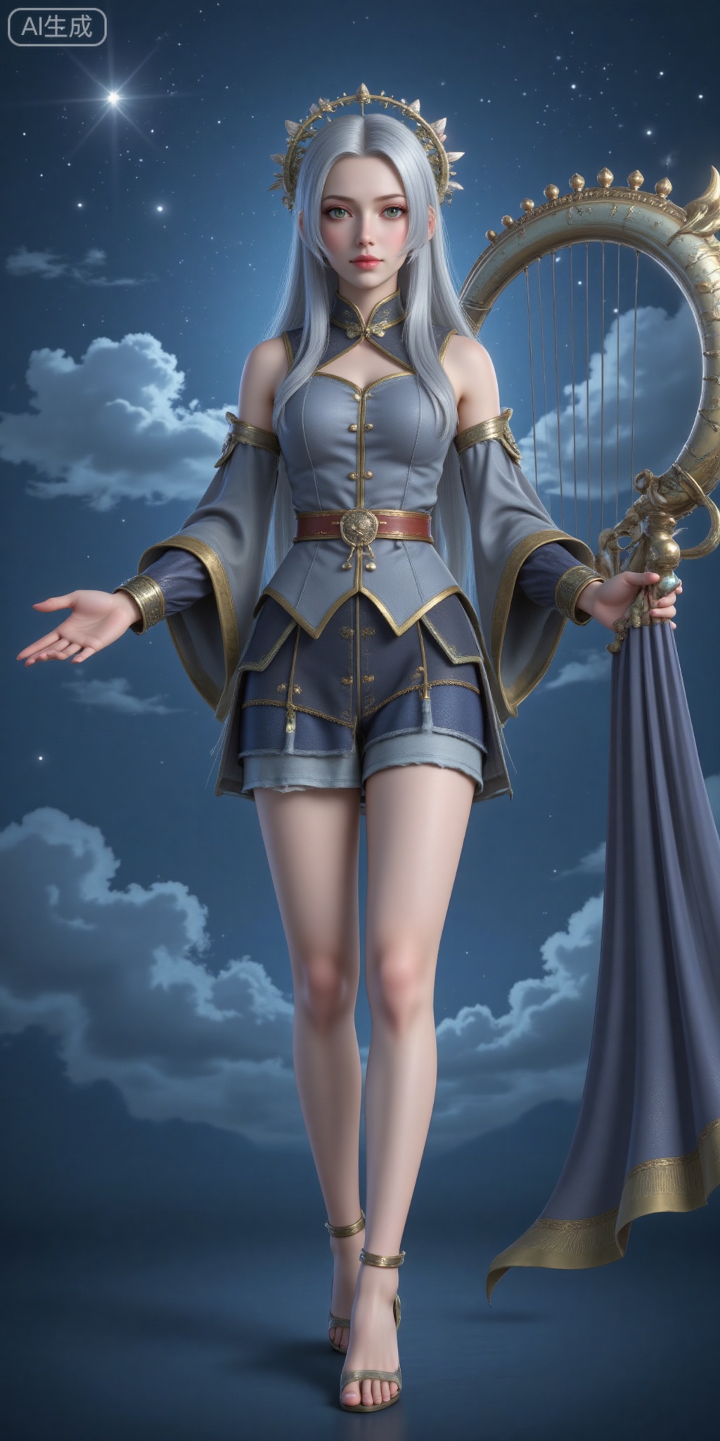 1girl, solo, long hair, skirt, green eyes, full body, flower, white hair, detached sleeves, sky, barefoot, cloud, night, instrument, harp