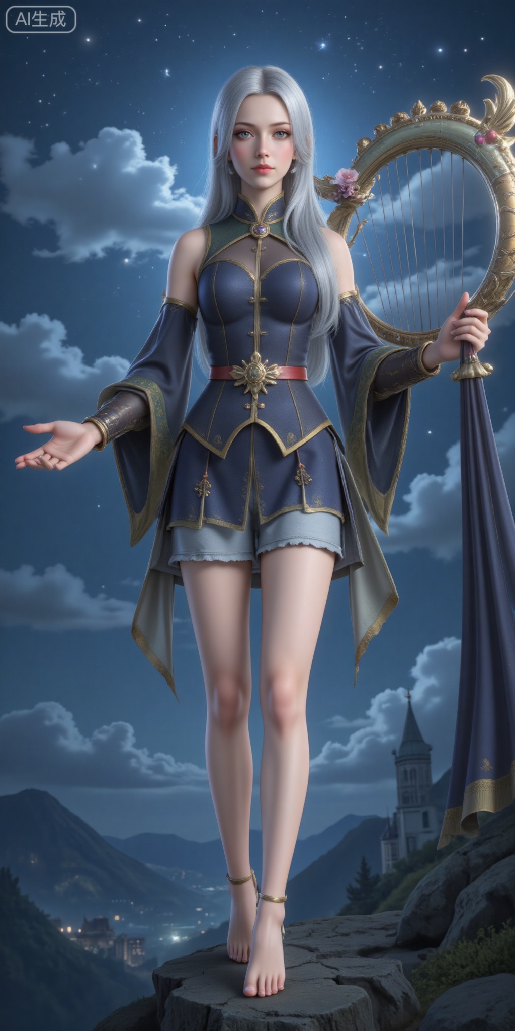 1girl, solo, long hair, skirt, green eyes, full body, flower, white hair, detached sleeves, sky, barefoot, cloud, night, instrument, harp