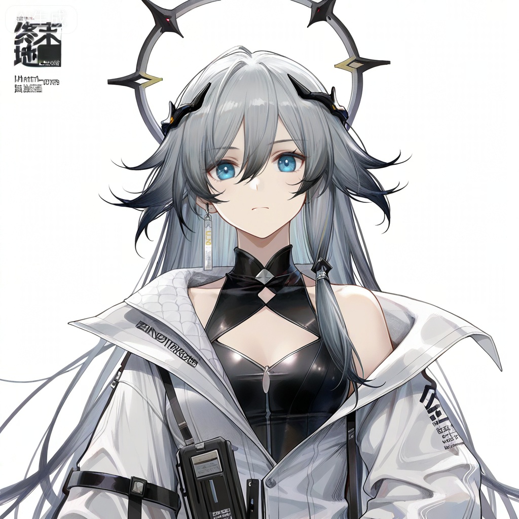 masterpiece, best quality,solo,((white background:1.2)),simple background,, 
looking at viewer,game_cg_style,arknights_endfield_style,official alternate costume,chinese text,copyright name,character name,logo,pose
fu hua