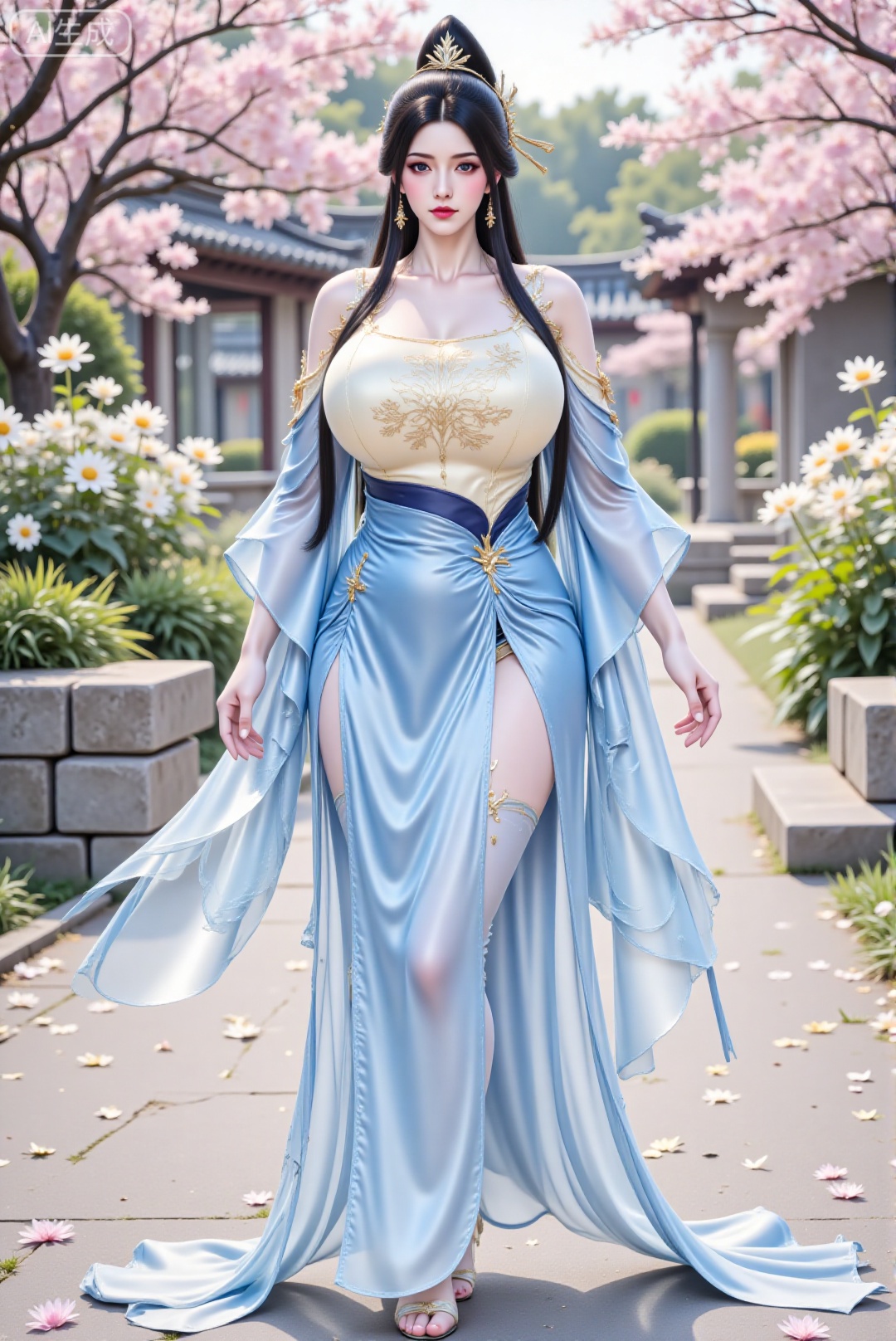 DTC-shuiyue,1girl,solo,standing,DTC-yiqingqiu,long hair,curvy,mature female,breasts,large breasts,huge breasts,hair ornament,makeup,In an ancient Chinese garden,flowers,petals,shot from behind,hanfu dress,DTCmy,Hugebr,LXQ-ba