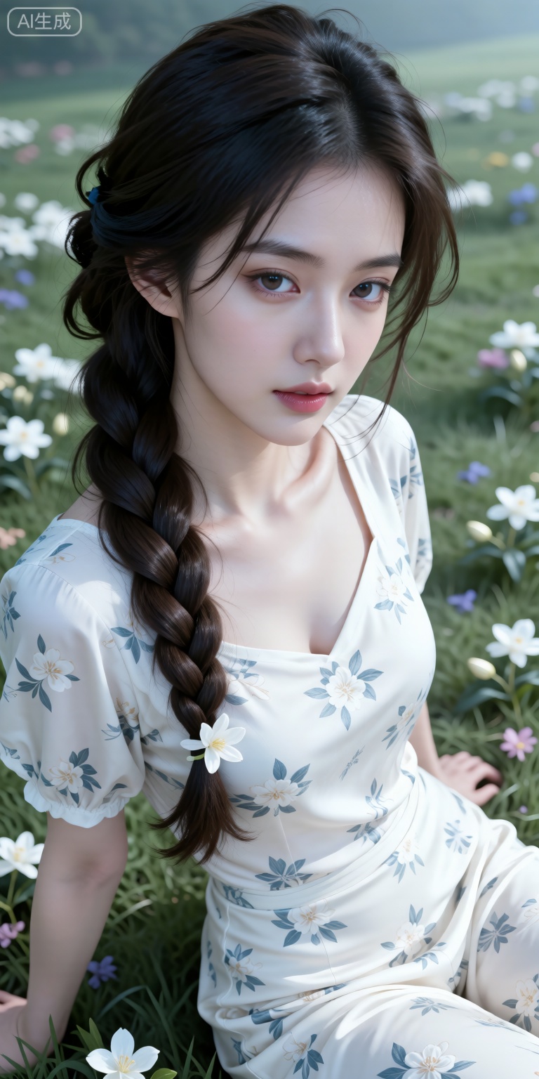 女，深色长发，发丝蓬松，头发编成一条粗长的麻花辫搭在左肩，淡白色茉莉花碎花连衣裙，坐在开满花朵的草坪上，特写镜头，梦幻感，浅景深，画面光影明暗对比，大师作品，三维秘境，精致细节，精致刻画，流畅的线条，神秘感，深邃感，柔光，极繁风格，发丝细腻富有光泽，精致厚涂，近距离肖像画，大眼睛，眼睛狭长上挑，慵懒，绝美眼睛，瓷白如玉的肌肤，肌肤纹理，面部光影，笔触，线条清晰，高级感，清冷，五官精致，精致感，高质量，柔焦，细节刻画，超高清，32K高清，近距离面部特写，面部微距镜头，大师级光影，明暗对比，杰出，超细腻笔触，细密颗粒感，插画风格，自然光影，色彩和谐，唯美，与厚涂油画笔触，华丽惊艳氛围，超高清插画，惊艳光影效果，梦幻朦胧意境，手绘插画风格，眼神璀璨，虹膜有光泽，眼睛周围有布灵布灵的细闪，