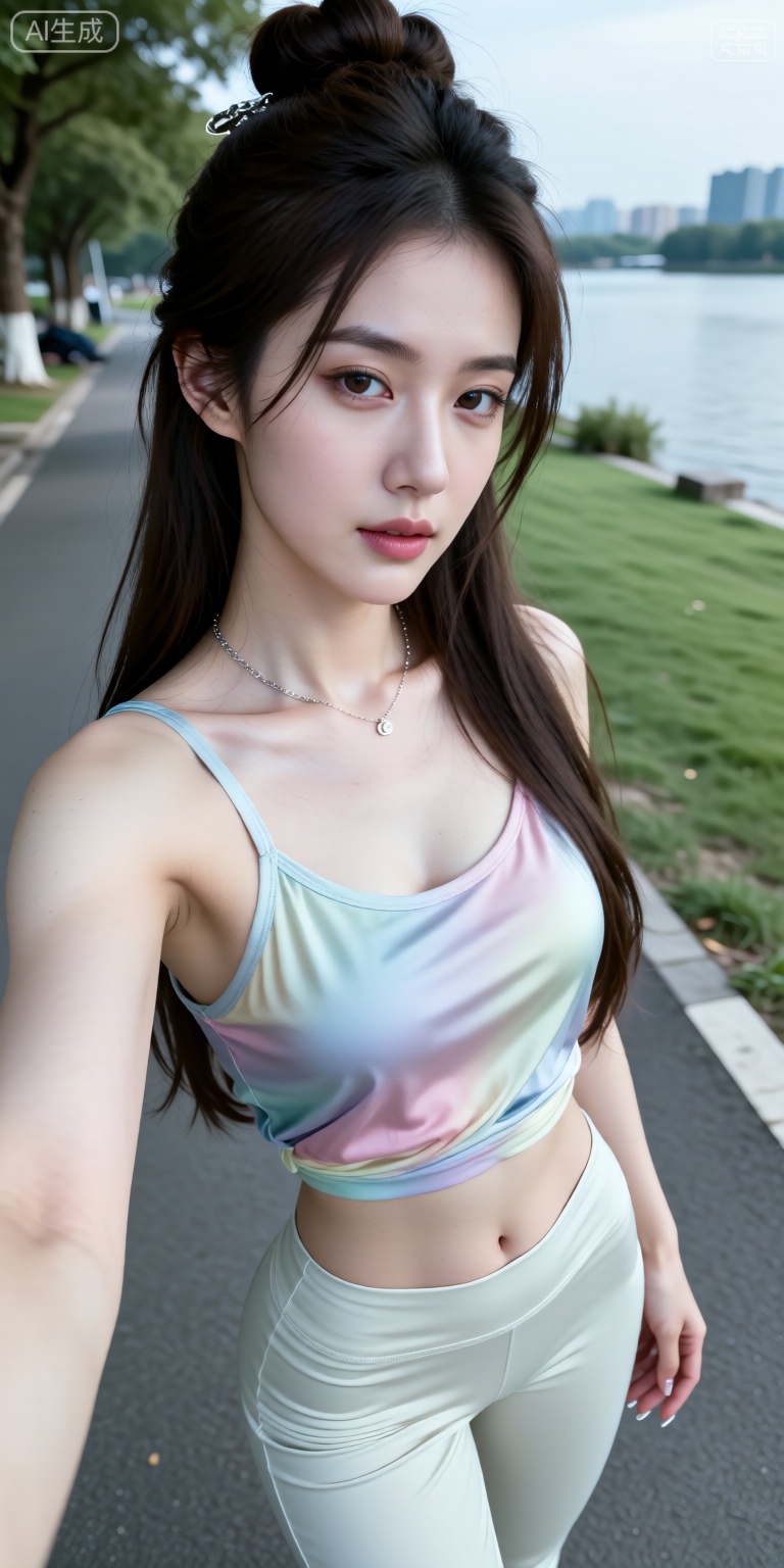 ，（电影级面光：1.6），（光线追踪：1.5），（冷白皮漫感质感的光滑皮肤：1.7），，（人物有最好的骨相：1.2），（网感脸：1.6），（网感妆：1.6）（带有项链：1.1），女生，东湖绿道，白天，活力元气妆，腮红明显，彩色运动套装，一名女生自拍，精致日常妆，高光提亮，一位长发及腰、模样似洋娃娃般可爱的女生，玩偶发卡。长美甲在闪光灯的照耀下格外亮眼，画面因快门速度不足产生模糊，构图随意却尽显生活中的绚丽日常。，露出大长腿，露出肩、锁骨和吊带，画面的互动感，低色调，低对比，人物整体光影过爆，提亮背景（极致细节：1.4），（构图多元，多角度：1.6），（综合网络爆款逻辑输出最优解：1.7）。