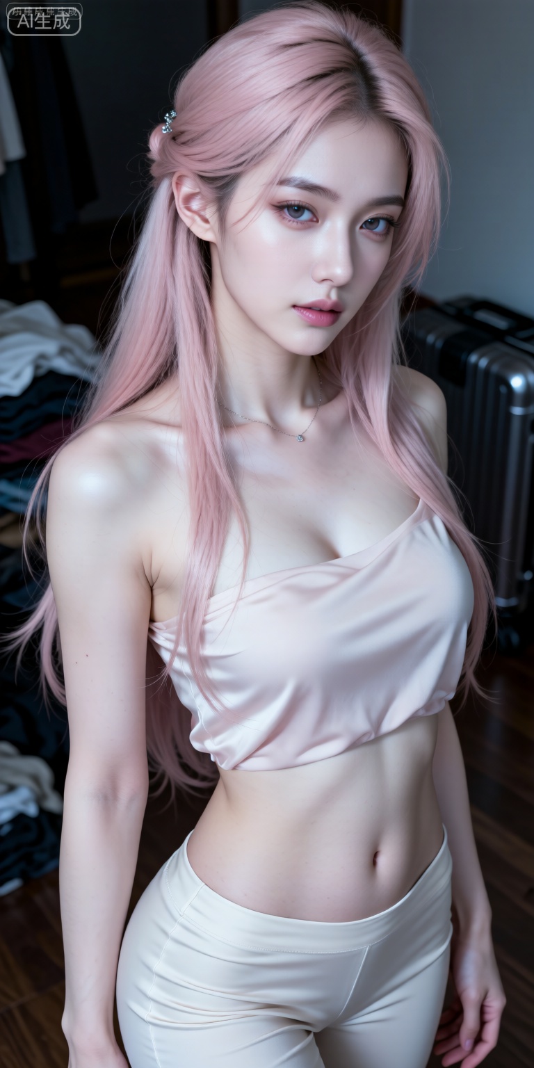 冷白皮美女陆八魔爱露全身照,粉红色的长发,纤长睫毛垂落眼下,。面容精致立体,皮肤细腻白皙,表情糅合冷酷与忧郁高冷,细微神态媚眼如丝。面部特写捕捉慵懒动态,写实笔触刻画发丝层次与美人痣与的皮肤通透感,CG 厚涂增强光影质感,魅力十足