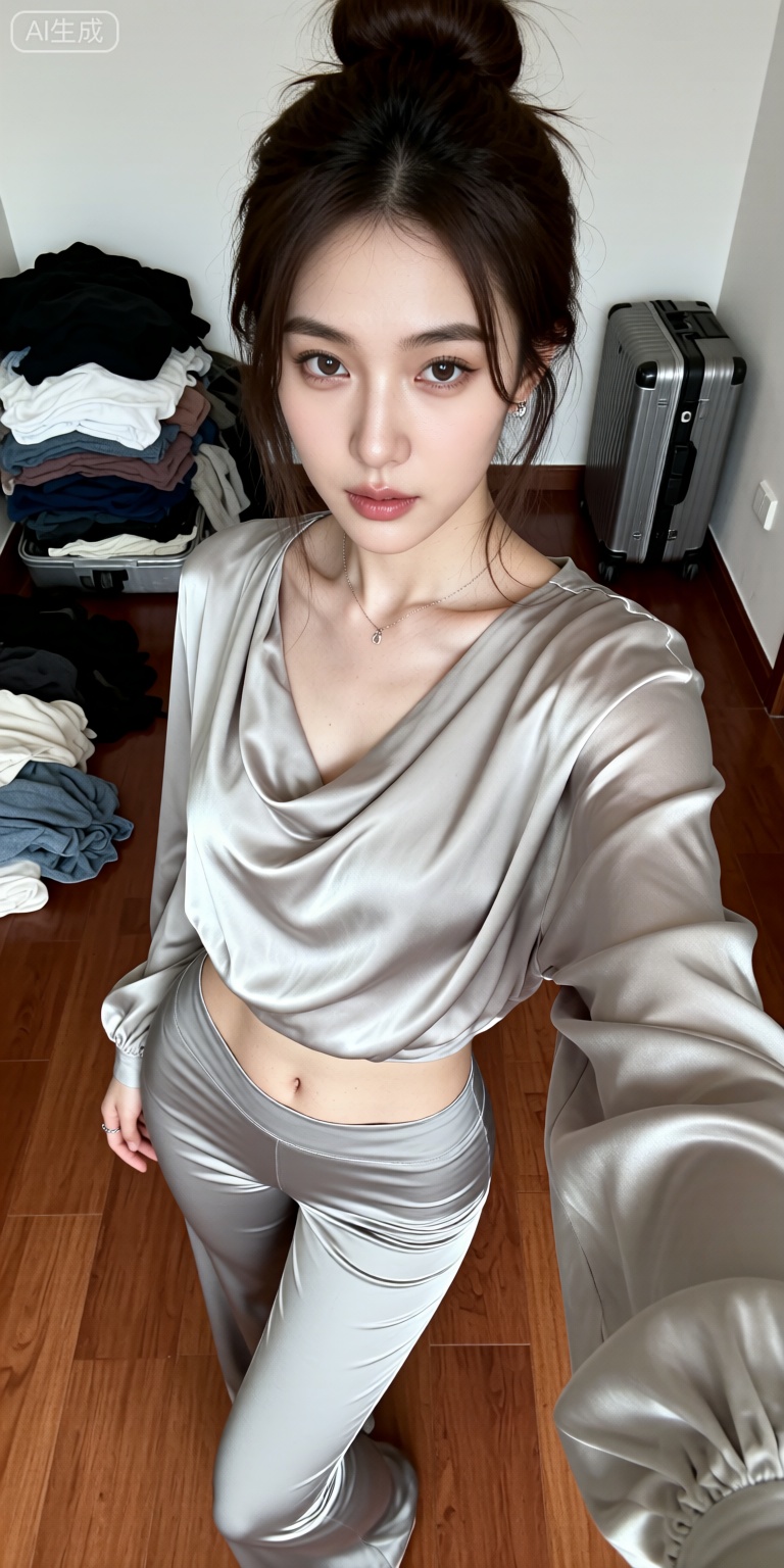 缎面材质服装,斜向自拍视角