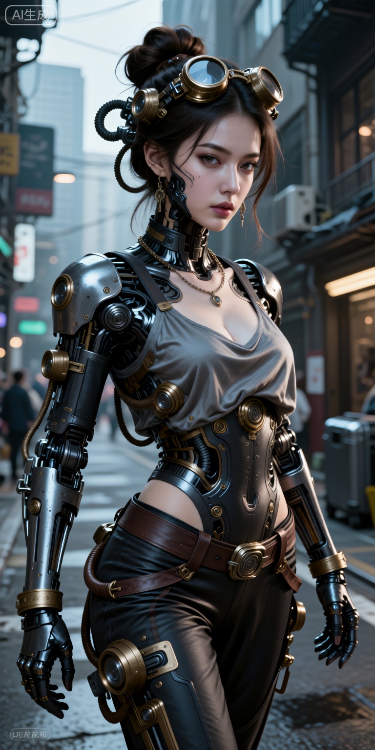 手绘插画，不规则非正常机械姬，其融合蒸汽朋克+赛博朋克+嘻哈风格与一体，，抽象，夸张，个性，时尚潮流配饰妆造，摆出富有张力造型，诡谲，狡黠，惊讶，怪诞童话，精密机械结构，极繁主义，工业级细节，光朦，采用虚幻引擎5次表面散射技术，HDR环境光，运用弥散光和轮廓光特写，采用光线追踪和电影光效呈现流体效果，伦勃朗光，高反差，完美构图，超现实摄影效果，高对比度，细节清晰详尽，运用弥散光和轮廓光特写，伦勃朗光，高反差，完美构图，超现实摄影效果，高对比度，浅景深，背景城市繁华街道，摆一个诡异造型，近景，3D建模，oc渲染，UE5，电影质感光影特效