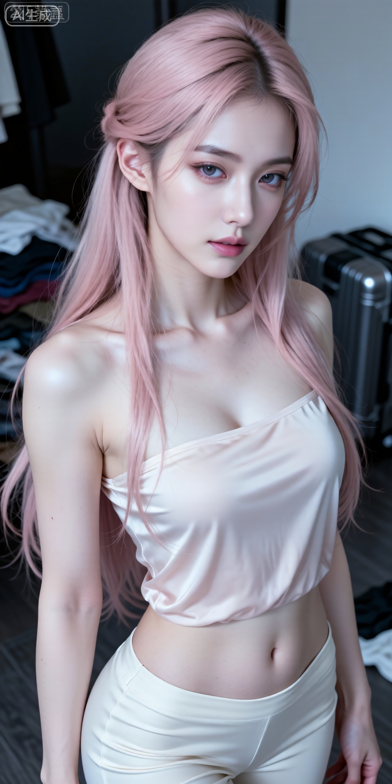 冷白皮美女陆八魔爱露全身照,粉红色的长发,纤长睫毛垂落眼下,。面容精致立体,皮肤细腻白皙,表情糅合冷酷与忧郁高冷,细微神态媚眼如丝。面部特写捕捉慵懒动态,写实笔触刻画发丝层次与美人痣与的皮肤通透感,CG 厚涂增强光影质感,魅力十足