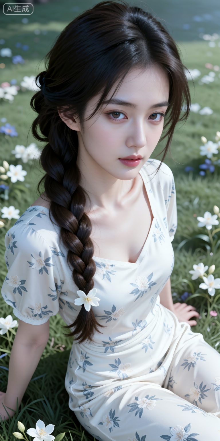 女，深色长发，发丝蓬松，头发编成一条粗长的麻花辫搭在左肩，淡白色茉莉花碎花连衣裙，坐在开满花朵的草坪上，特写镜头，梦幻感，浅景深，画面光影明暗对比，大师作品，三维秘境，精致细节，精致刻画，流畅的线条，神秘感，深邃感，柔光，极繁风格，发丝细腻富有光泽，精致厚涂，近距离肖像画，大眼睛，眼睛狭长上挑，慵懒，绝美眼睛，瓷白如玉的肌肤，肌肤纹理，面部光影，笔触，线条清晰，高级感，清冷，五官精致，精致感，高质量，柔焦，细节刻画，超高清，32K高清，近距离面部特写，面部微距镜头，大师级光影，明暗对比，杰出，超细腻笔触，细密颗粒感，插画风格，自然光影，色彩和谐，唯美，与厚涂油画笔触，华丽惊艳氛围，超高清插画，惊艳光影效果，梦幻朦胧意境，手绘插画风格，眼神璀璨，虹膜有光泽，眼睛周围有布灵布灵的细闪，